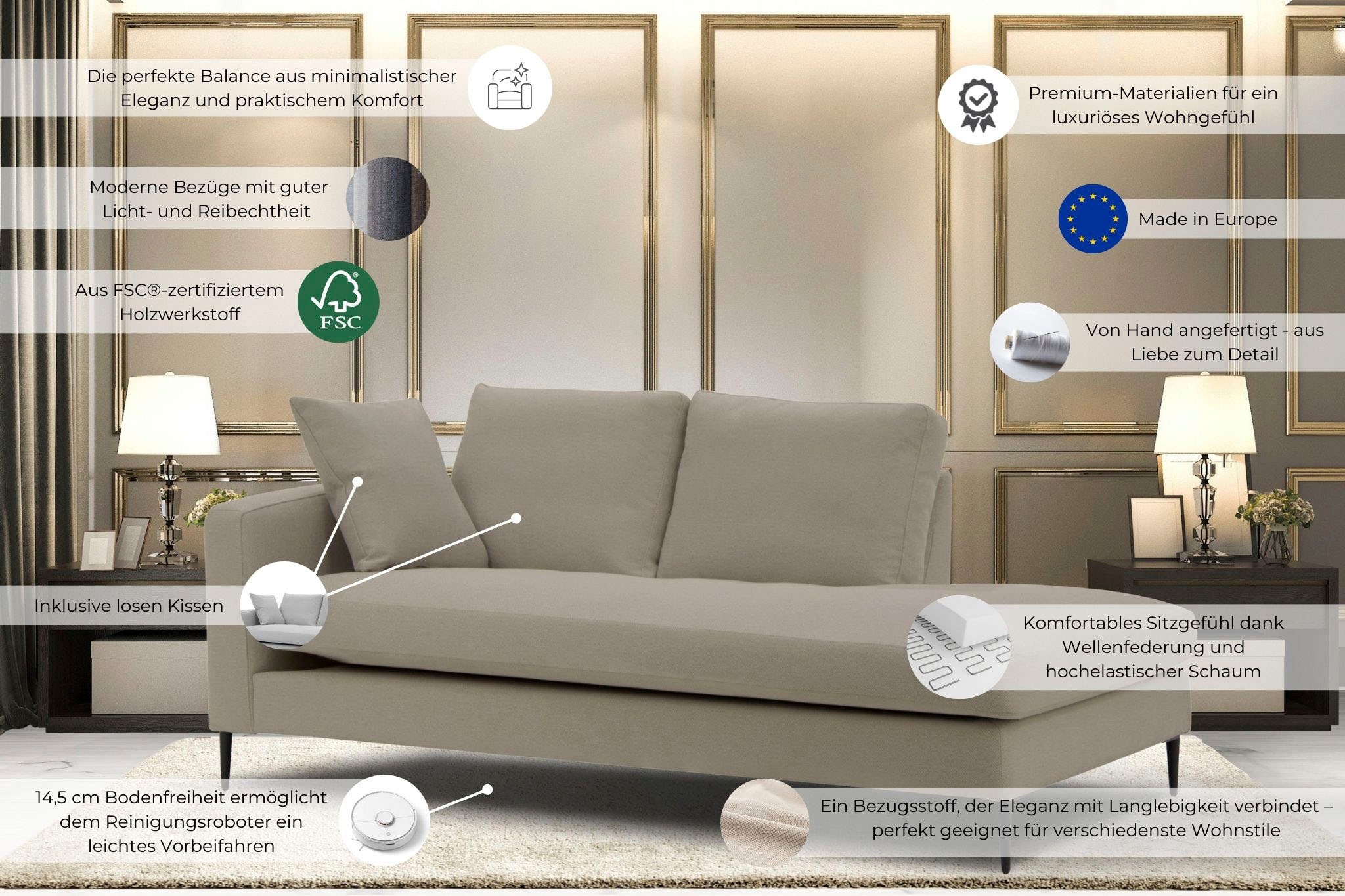 Home affaire Recamiere »Cozy Chaiselongue, Maße B/T/H: 195/97/80 cm« mit losen Kissen und Metallbeinen, Armlehne links oder rechts wählbar