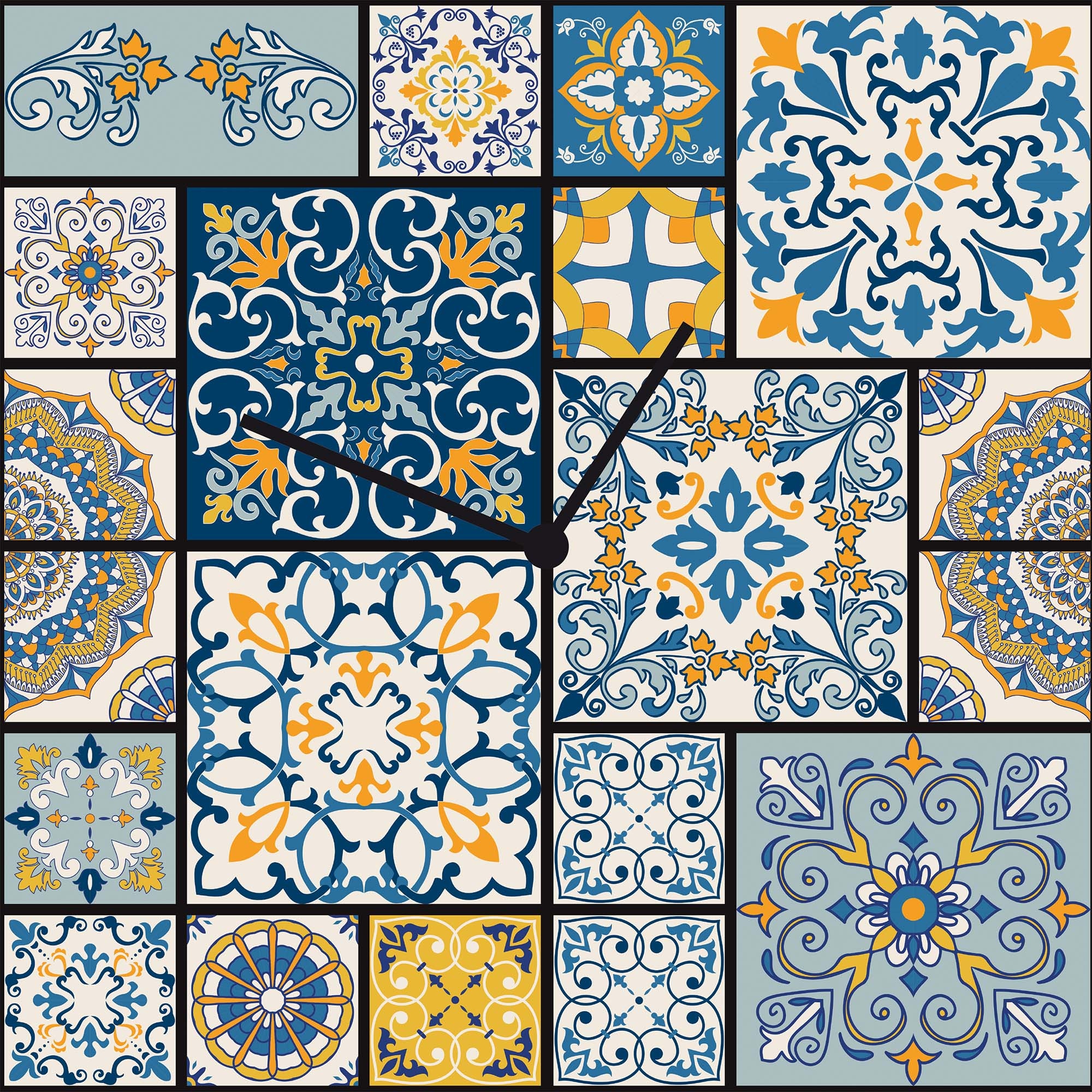 queence Wanduhr »Mediterranes Design, Fliesenoptik«, Uhr, geräuschlos, Mosaik, Kachel, blau, gelb