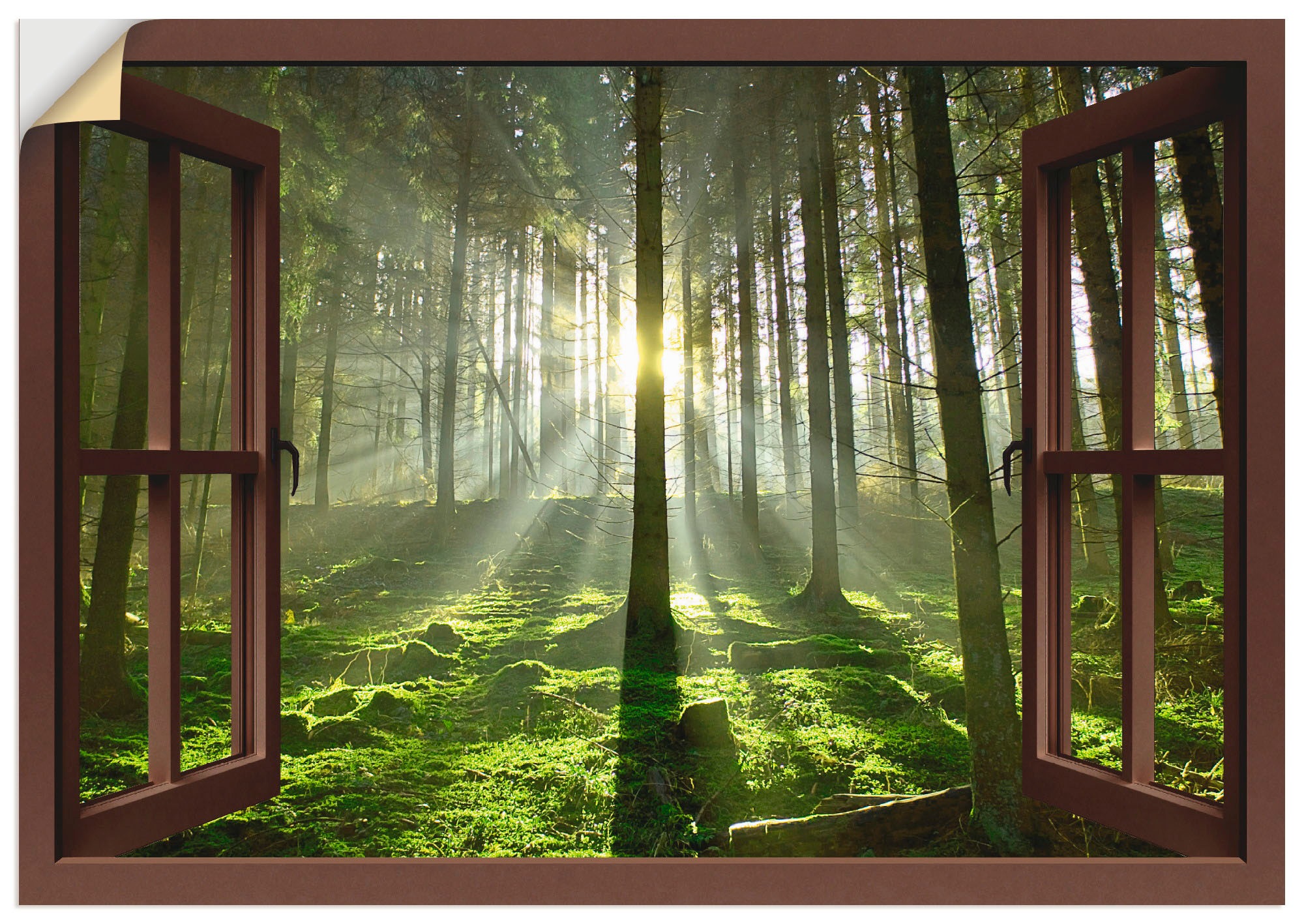 Artland Wandbild »Fensterblick - Wald im Gegenlicht«, Fensterblick, (1 St.), in vielen Größen & Produktarten -Leinwandbild, Poster, Wandaufkleber / Wandtattoo auch für Badezimmer geeignet