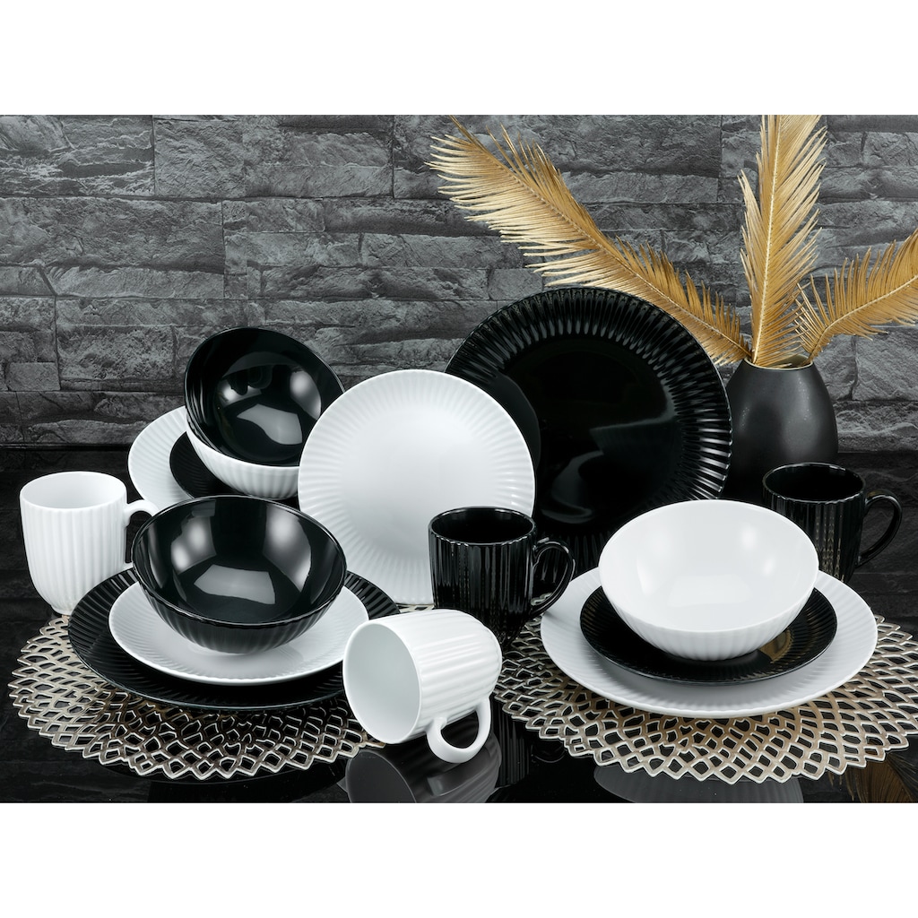 CreaTable Kombiservice »Geschirr-Set Allegra Black & White«, (Set, 16 tlg., Kaffeeservice und Tafelservice im Set, für 4 Personen)