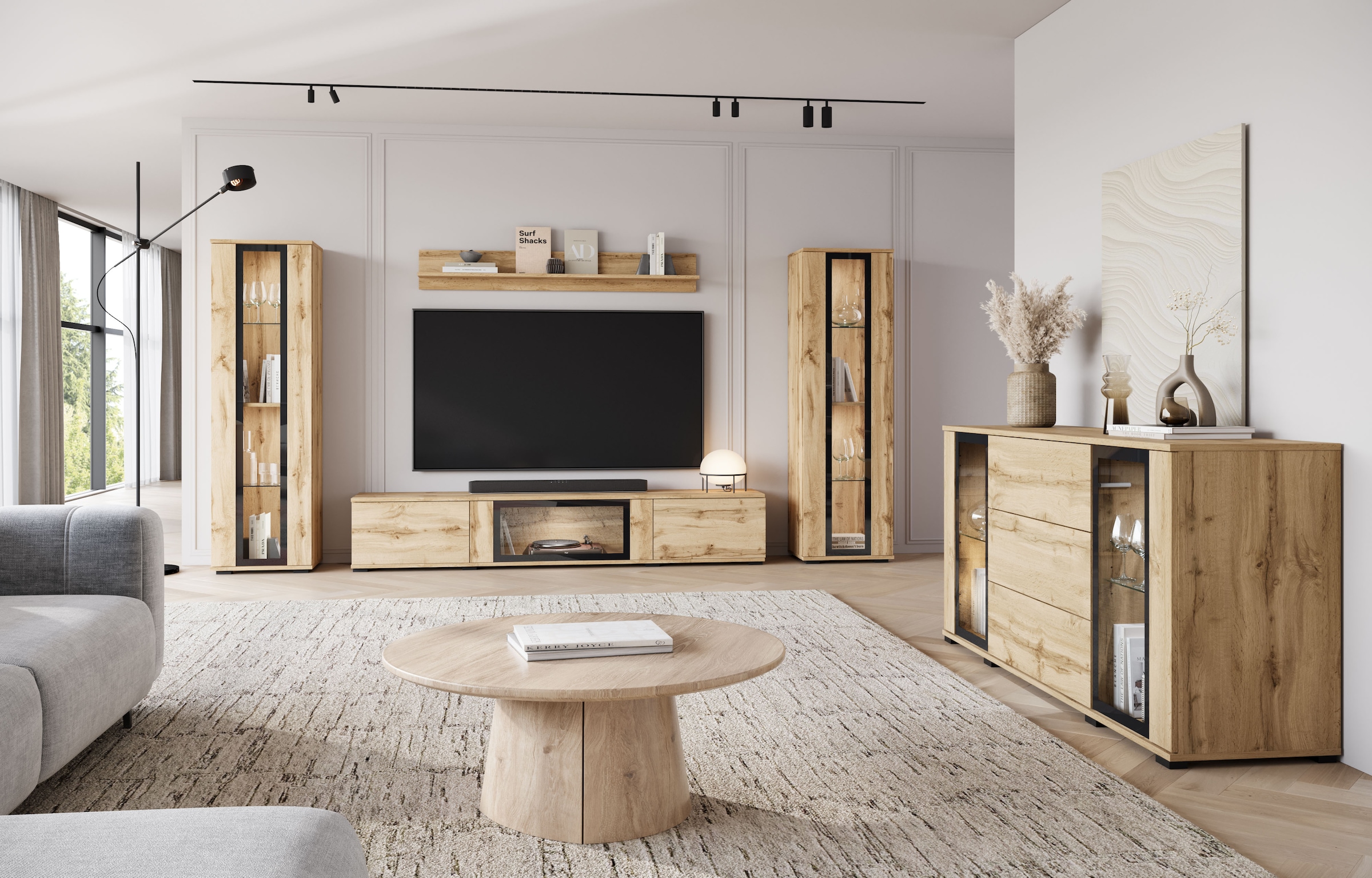 INOSIGN Sideboard »modernes Design mit Glaseinsätzen und 3 Schubladen, Breite 150 cm«, (1 St.), Grifflose Fronten mit Push-to-Open, höhenverstellbare Einlegeböden