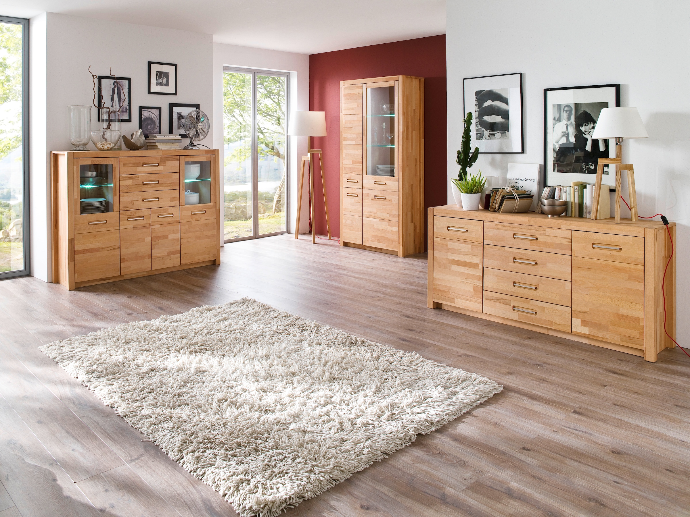 MCA living Highboard »Fenja Schrank, Hochschrank, Hochkommode, Breite 163 cm«, (Set, 1 St., 1 Stück), Massivholz, 3 Schubkästen, 4 Türen, Made in Europe