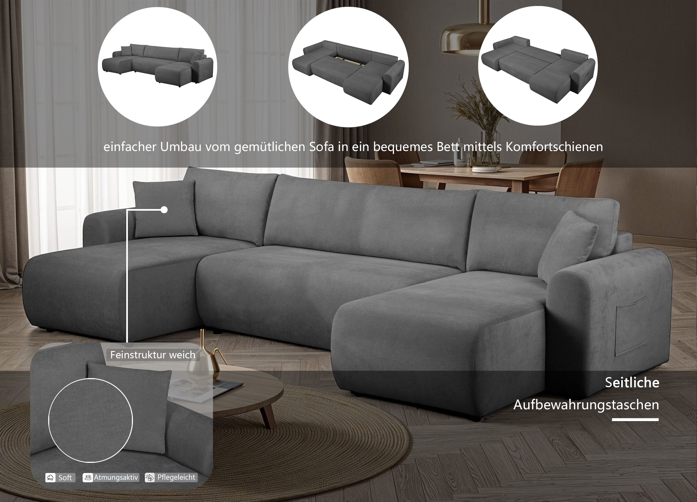 OTTO home Wohnlandschaft »JONAA Feinstruktur, U-Form, 311 cm. -OTTO. Verlässliche Qualität« Tonnentaschen-Federkern, Bettkasten, Schlafsofa (133/270)