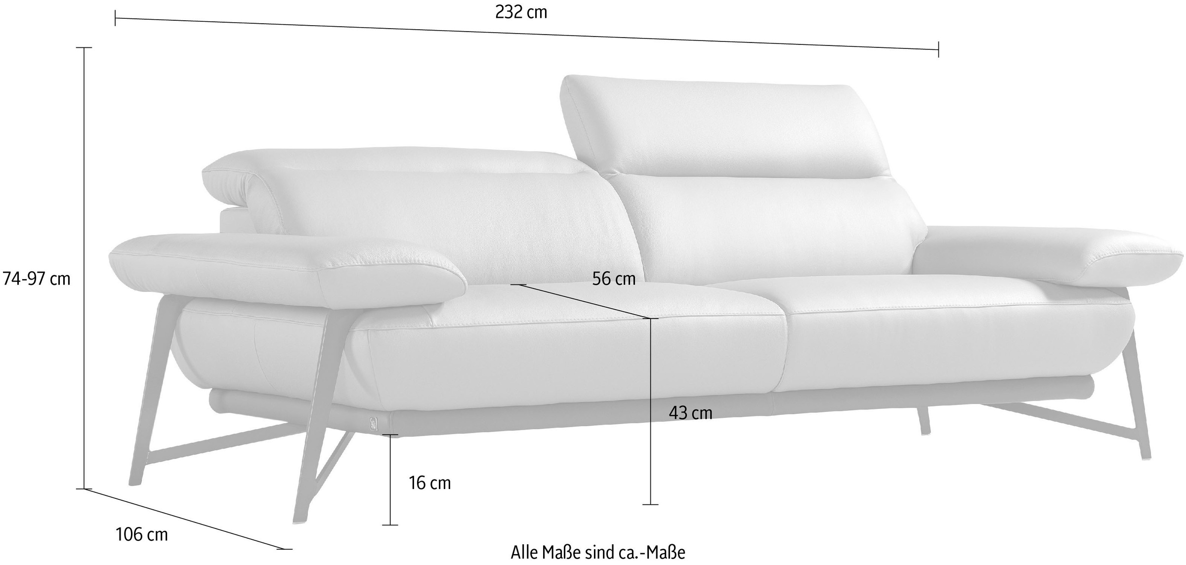 Egoitaliano 2,5-Sitzer »Anais, Designsofa mit erstklassigem Sitzkomfort, Fußfarbe chrom«, Kopfteil verstellbar, 232 cm, Leder BULL, gelb