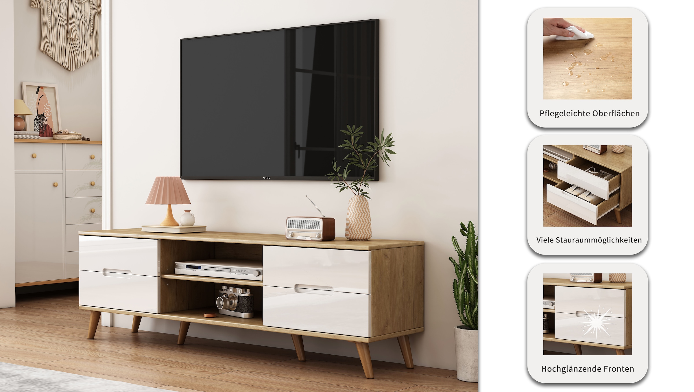 OTTO home TV-Board »Lund« glänzende Fronten, Kabeldurchführung, helles Holzdekor, Breite 160 cm