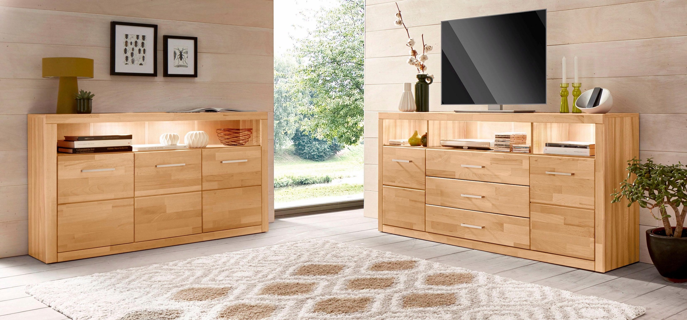 Home affaire Sideboard »Ribe,130cm breit, Fronten Massivholz,7 Fächer«, Holz massiv, Holzwerkstoff, Metall Griffe,3 Türen