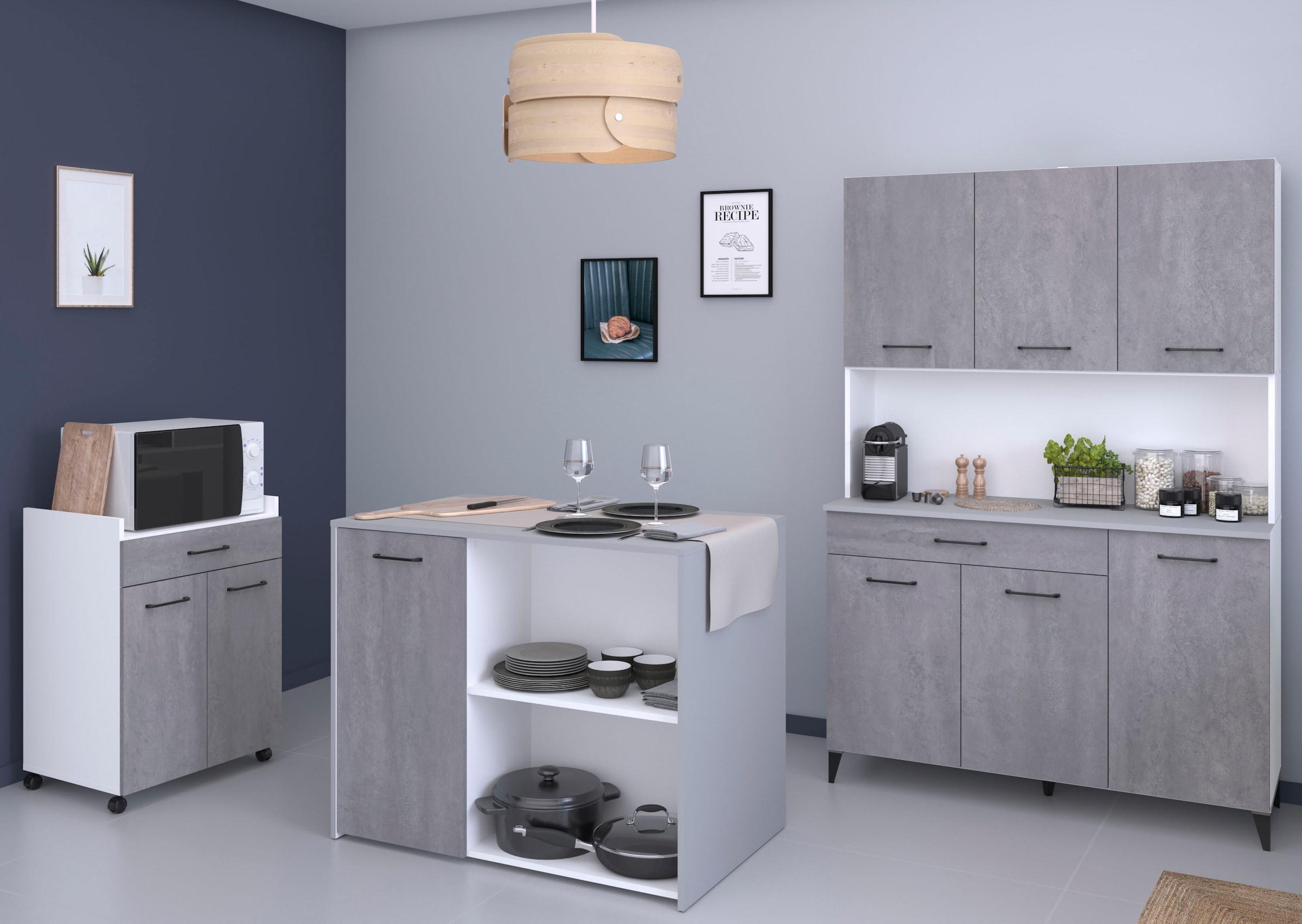 Parisot Mehrzweckschrank-Set »Parisot, Malice 6 - Buffet, Beistellschrank auf Rollen, Insel«, (3 St., 3-teilig, Buffet, Beistellschrank auf Rollen, Beistellschrank/Insel), Beistellschrank auf Rollen, Insel mit Sitzgelegenheit, Beton-Optik