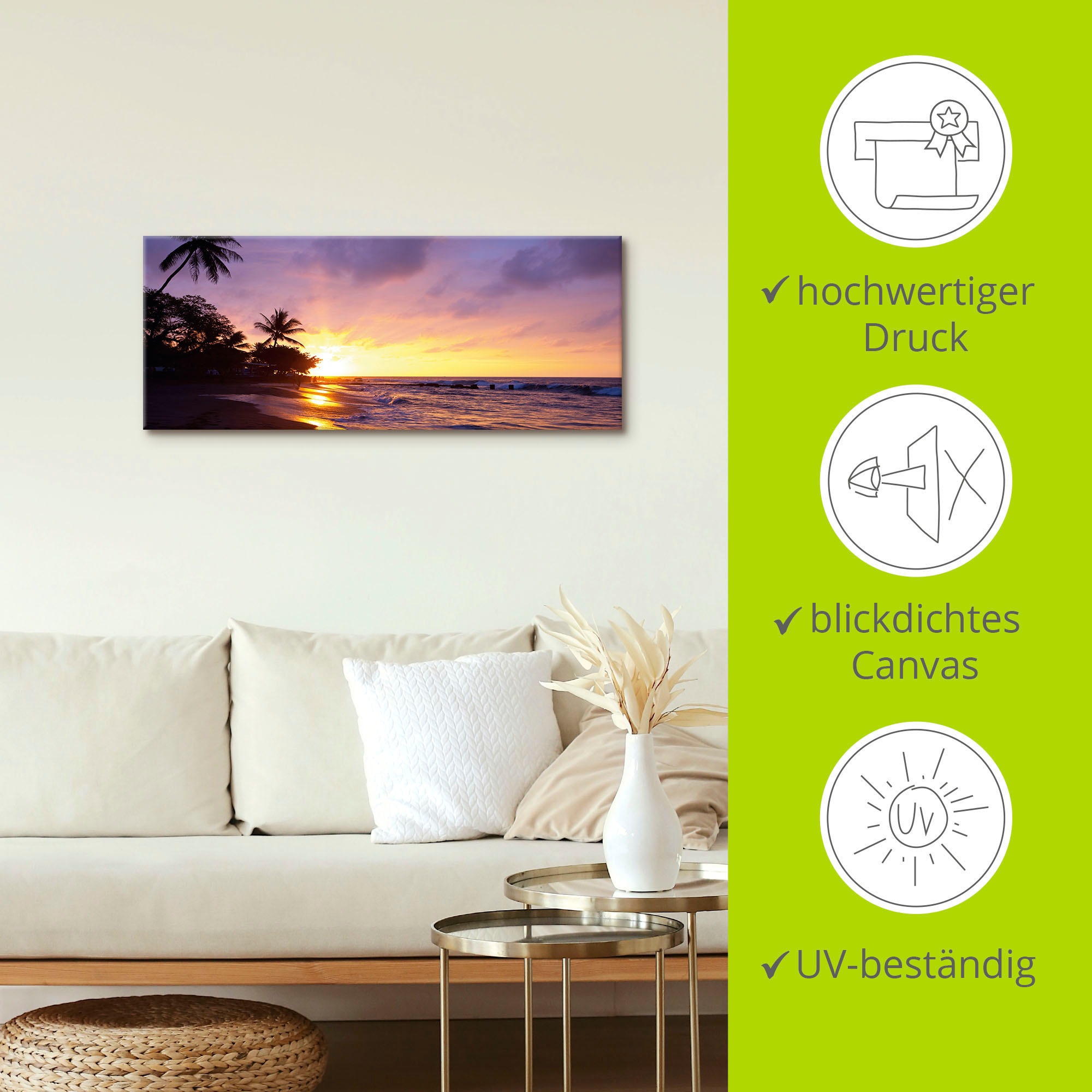 Artland Wandbild »Tropischer Strand«, Sonnenaufgang & -untergang, (1 St.), als Alubild, Outdoorbild, Leinwandbild, Poster, Wandaufkleber
