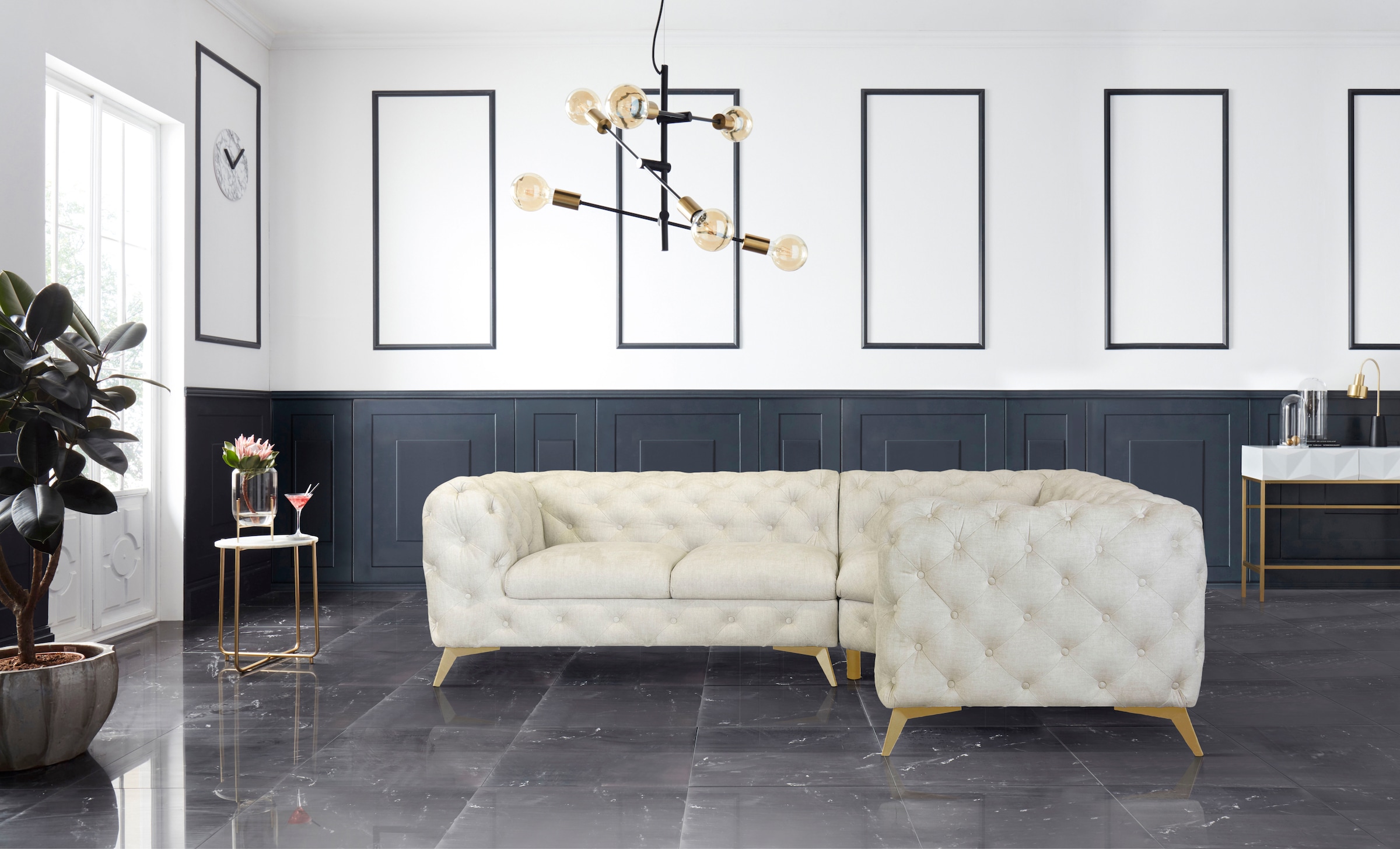 Leonique Chesterfield-Sofa »Ecksofa GLYNIS L-Form mit Wellenunterfederung, Maße B/T/H 264/204/75cm«, aufwändige Knopfheftung, moderne Chesterfield Optik, Fußfarbe wählbar