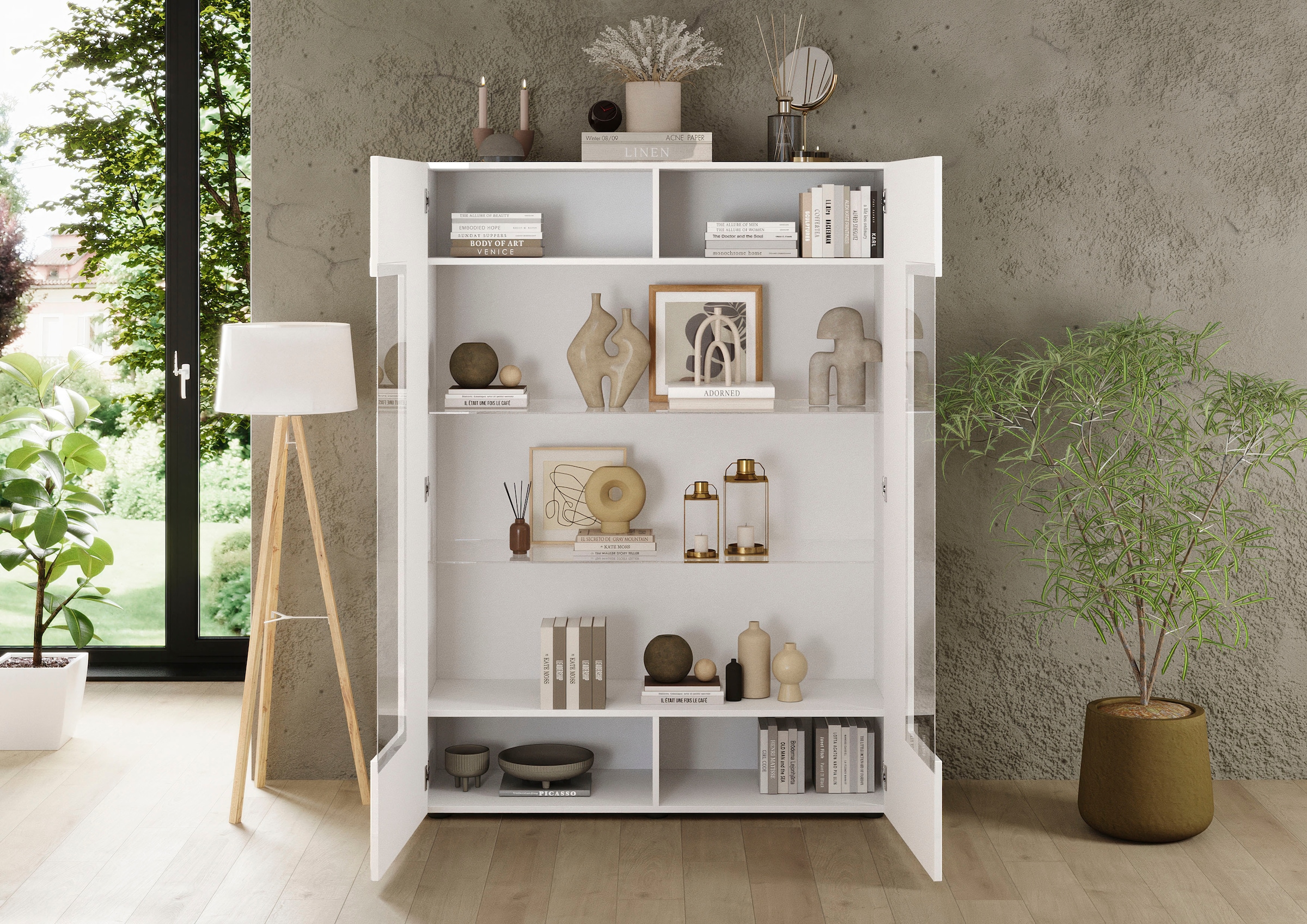 INOSIGN Vitrine »RIO, Höhe 166 cm, Hochschrank mit 2 Türen, Anrichte, Standvitrine«, Vitrinenschrank, geriffelte MDF-Fronten, modern, elegant, geräumig