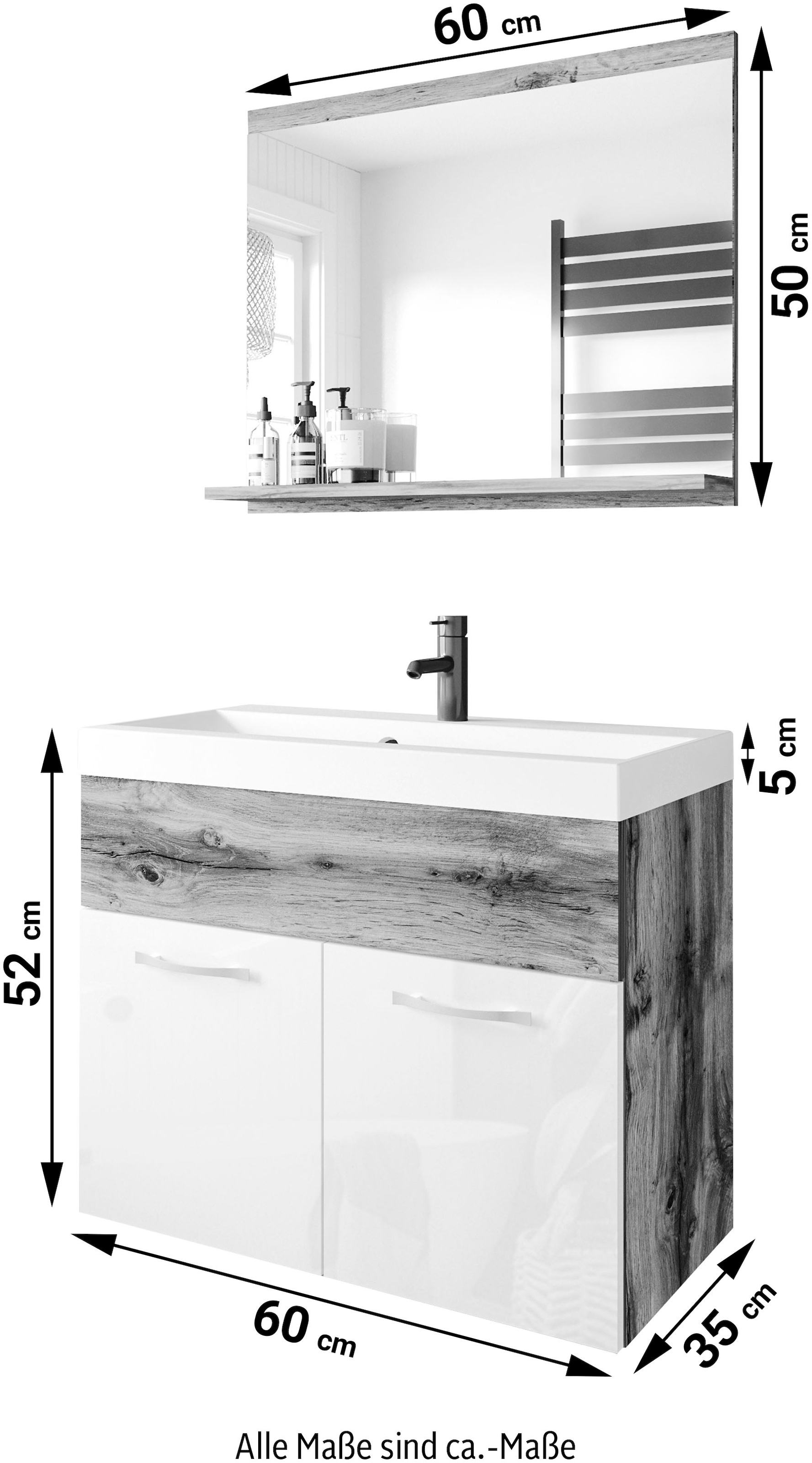 welltime Badmöbel-Set »Lorca«, (2 St.), Badmöbel Waschtisch 60cm mit Spiegel