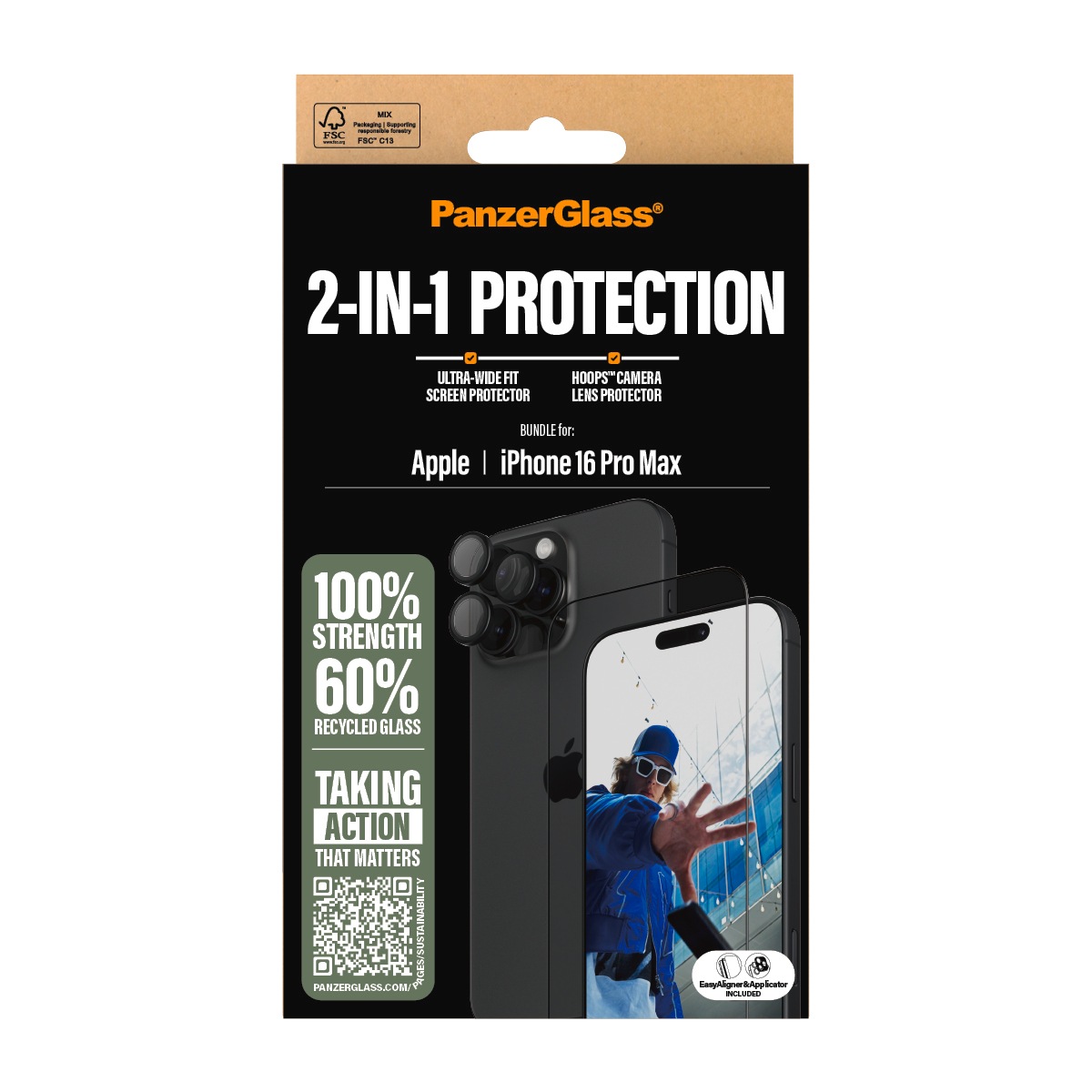 PanzerGlass Displayschutzglas »2-in-1 Protection, Glass, Lens Protector«, für Apple iPhone 16 Pro Max, Displayschutzfolie, Schutzfolie, Bildschirmschutz, kratz- & stoßfest