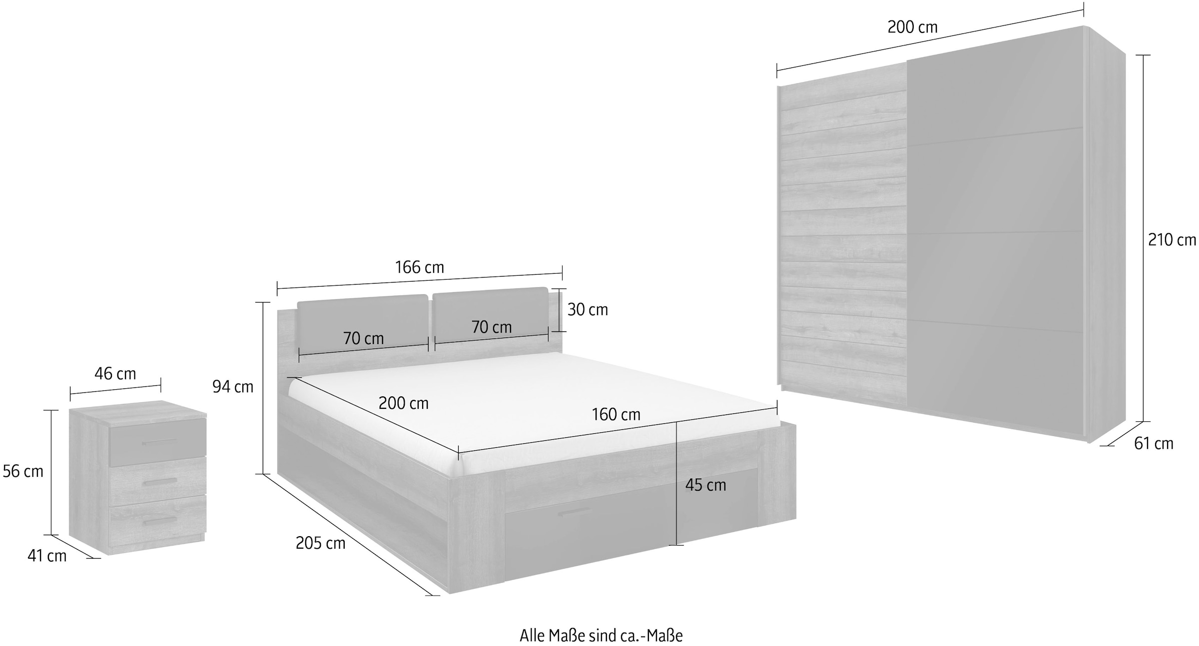 INOSIGN Schlafzimmer-Set »Galaxy«, (4 tlg.), Bett mit gepolsterten Kopfteilen und Stauraumschublade