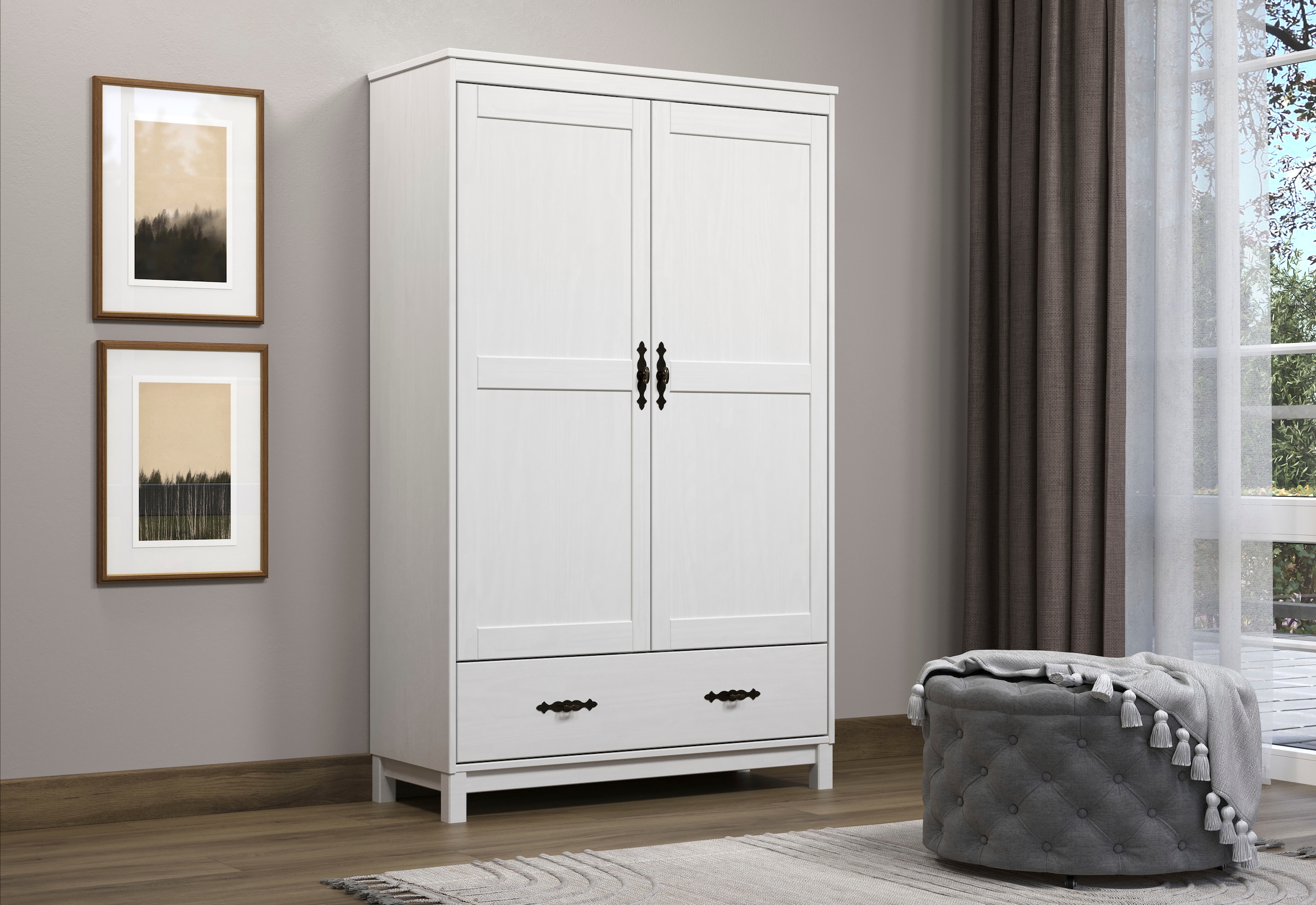 Home affaire Kleiderschrank »Sandnes Kieferschrank Schlafzimmer Schrank TOPSELLER weiß«, (1 St., natürlicher Landhaus-Look B/T/H: 96x38x155cm), Drehtürenschrank aus Massivholz mit Metallgriffen und Schublade
