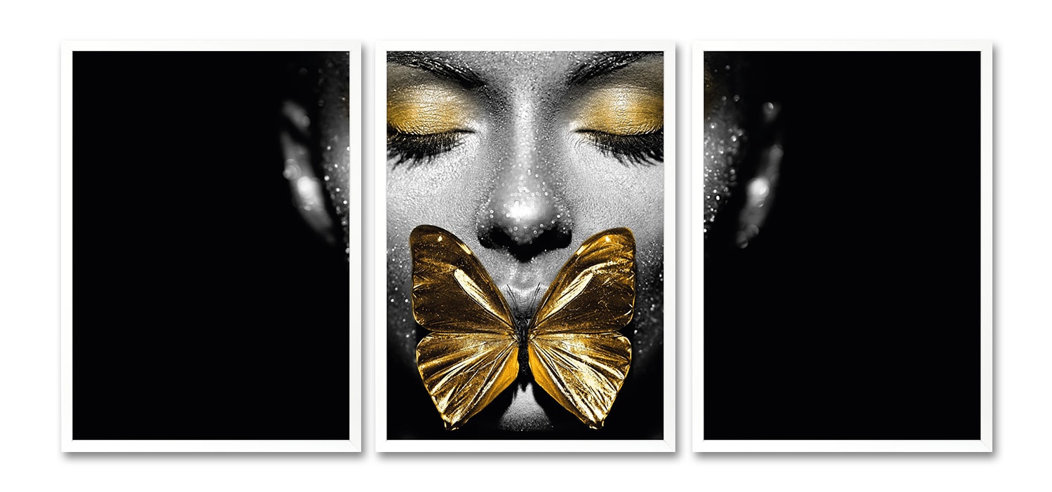 Leonique Bild mit Rahmen »Gesicht Schmetterling Gold - Gerahmter Digitaldruck - Wandbild«, Bilder von Frauen-Frau-Schwarz-Weiß-Schmetterlinge-Gesicht, (3er-Set), Premium Poster 3er Set mit Naturholzrahmen, Handarbeit aus Deutschland