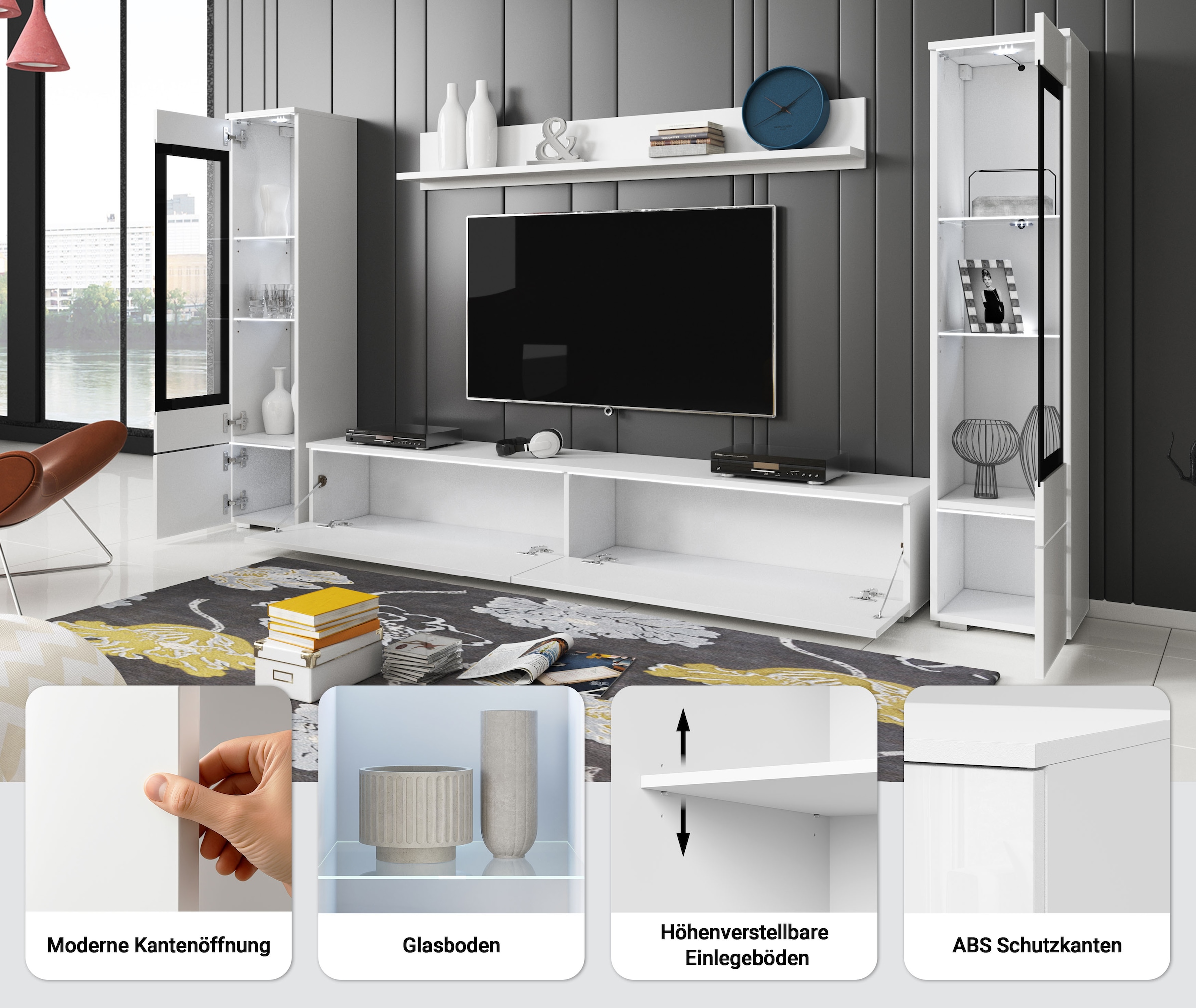 INOSIGN Wohnwand »VERA II« Komplett-Set, 4 Stk. tlg. Mediawand 260 cm, Vitrine mit Verglasung, stehend und hängend