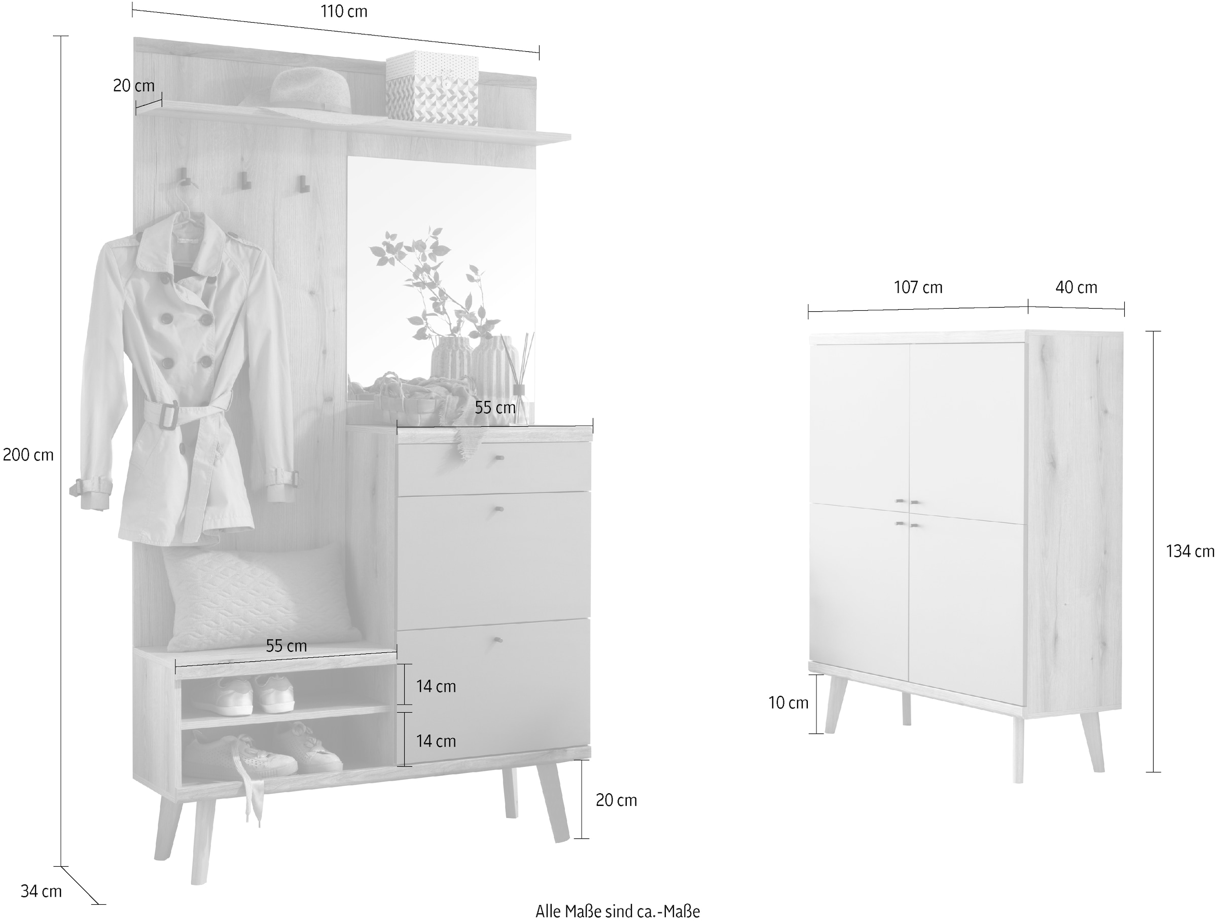 INOSIGN Garderoben-Set »Mavas, Garderobe mit Stauraum, Garderobenschrank im Scandic Design«, (Set, 2 St.), ausreichend Stauraum, für kleine Räume geeignet, 237 cm breit