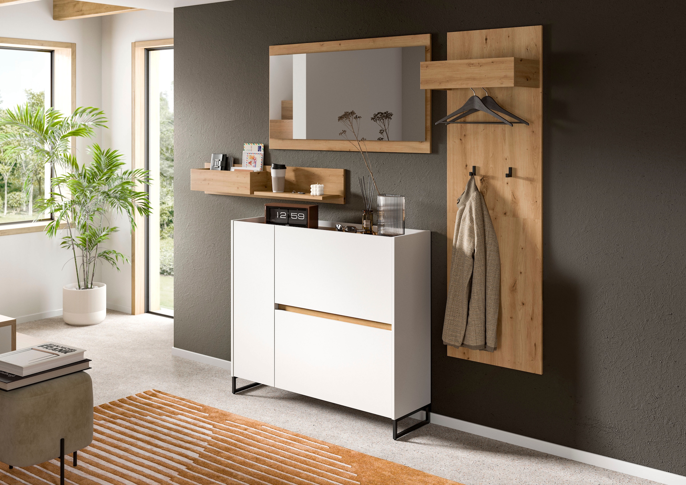 INOSIGN Garderoben-Set »EVRID, 3-teilig, Breite 175 cm, individuell stellbar & erweiterbar« best. aus: Kommode, Spiegel und Garderobenpaneel, 4 Stk. tlg. Garderobenkombination, Garderobe, Wandgarderobe, Flur, Diele