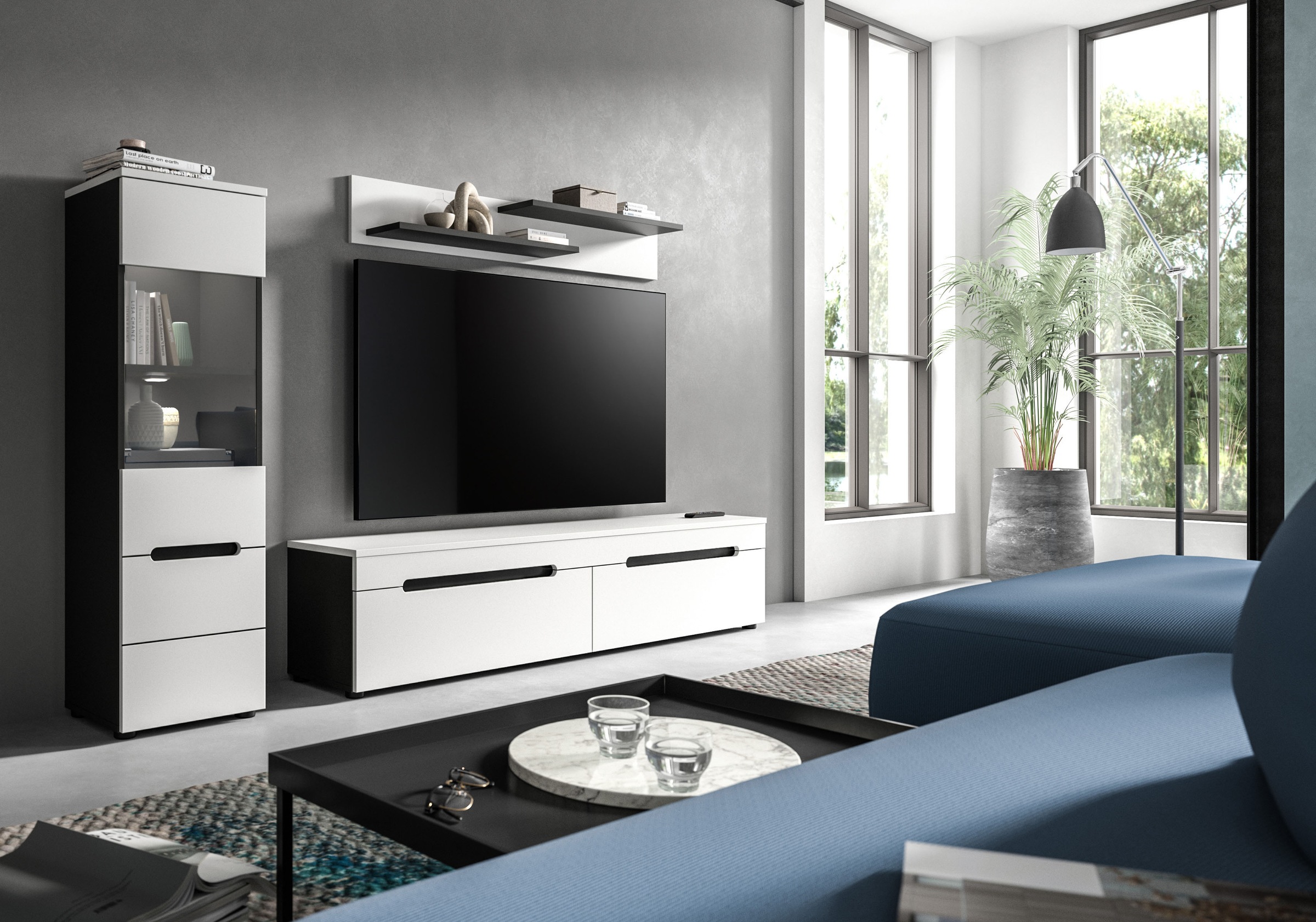 INOSIGN Wohnwand »REHAT, TOPSELLER!, 3-teilig, inkl. Beleuchtung, stehend oder hängend« Set bestehend aus: Vitrine inkl. Beleuchtung, Lowboard und Wandboard, 3 Stk. tlg.