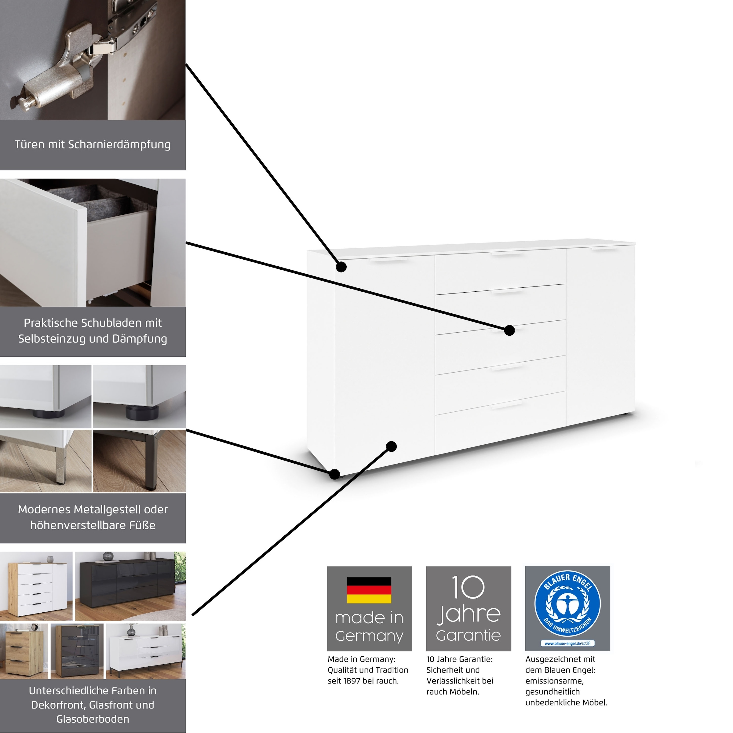 rauch Schubkastenkommode »Kommode Türkommode Sideboard Kombikommode FLIPP« Breite 120 cm mit 2 Einlegeböden,  1-türig mit  5 Schubladen und Soft-Close-Funktion