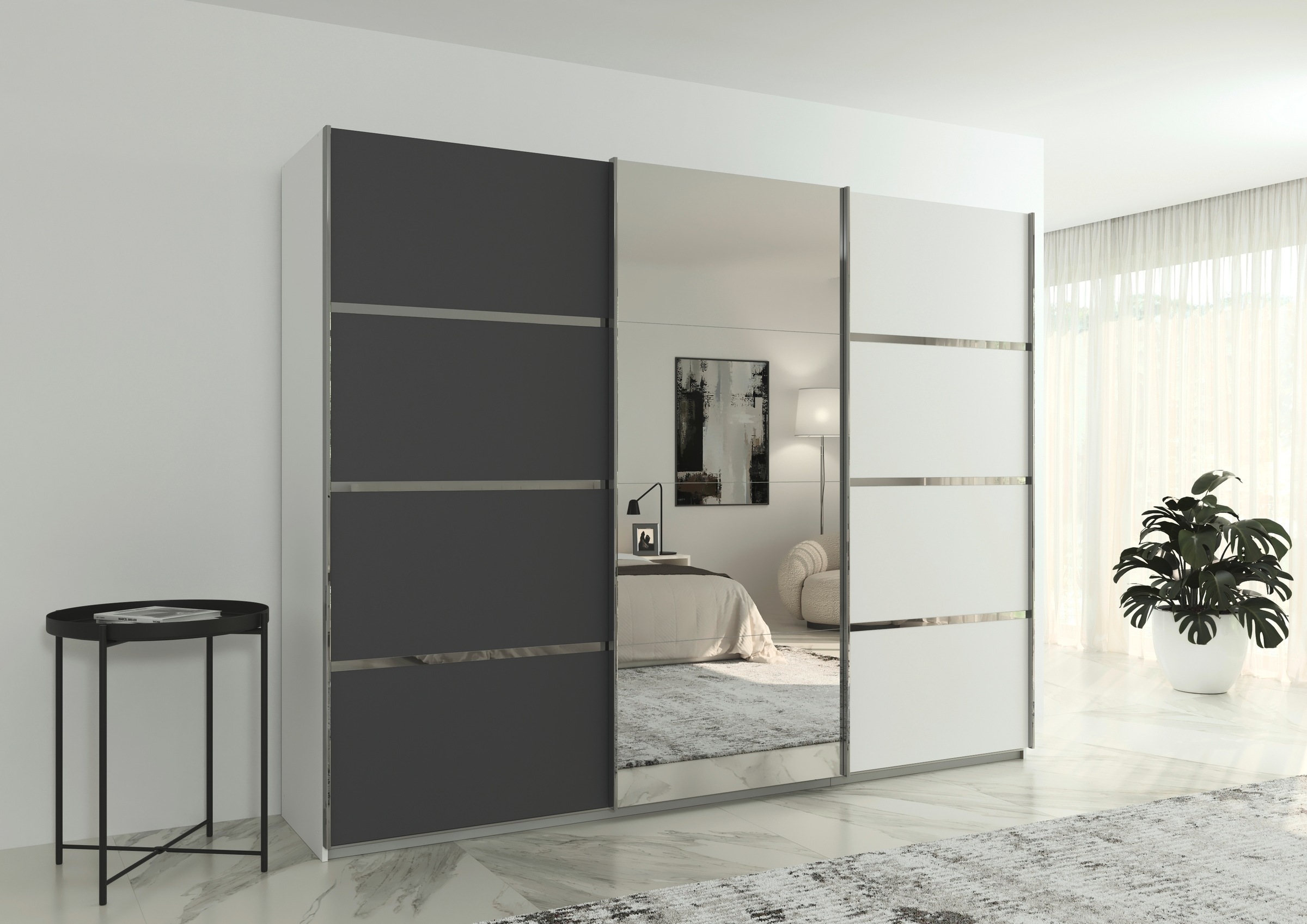 rauch Kleiderschrank »Schwebetürenschrank OTTO´s Choice Garderobe Schrank TOP ANGEBOT Avola«, (in 3 verschiedenen Ausstattungen BASIC/CLASSIC/PREMIUM inkl. Spiegel), mit eleganten Zierleisten in Chrom, Schwarz oder Weiß MADE IN GERMANY