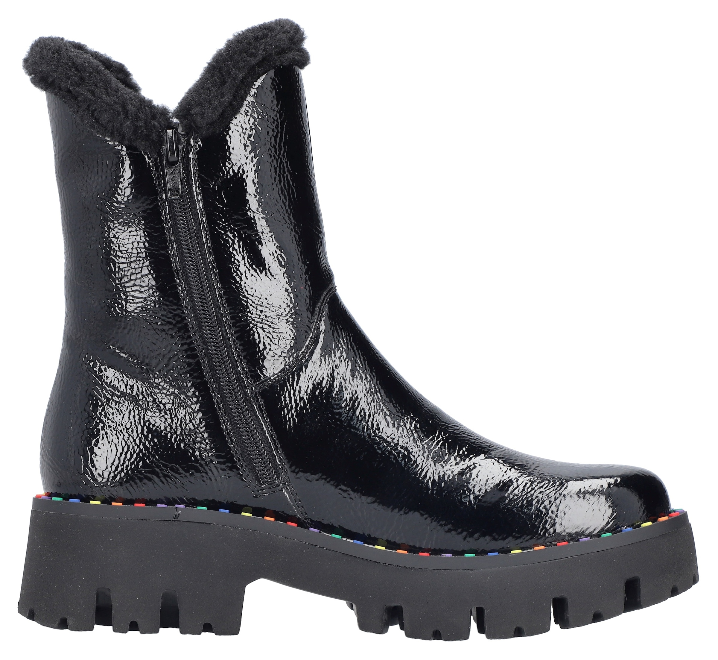 Rieker Winterstiefelette  Plateauboots, Winterboots, Lack-Stiefelette mit buntem Sohlenrand