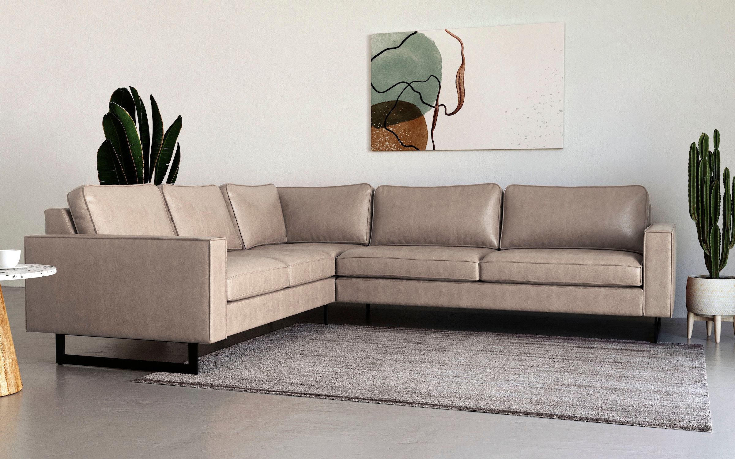 Places of Style Ecksofa »Pinto, XXL, 250/290 cm, langer Schenkel, Ottomane«, Cord, Chenille, Lederoptik, mit Keder, Metallfüße, Wellenunterfederung