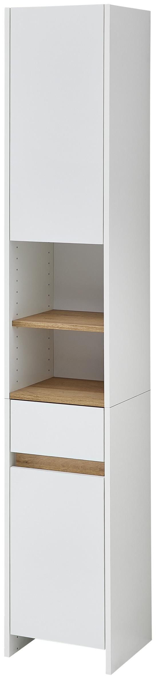Saphir Hochschrank »Quickset 100, Badschrank 32,4 cm, 2 Türen und 1 Schublade«, 3 Einlegeböden, 2 offene Fächer, Badezimmer-Hochschrank, Akzentfuge