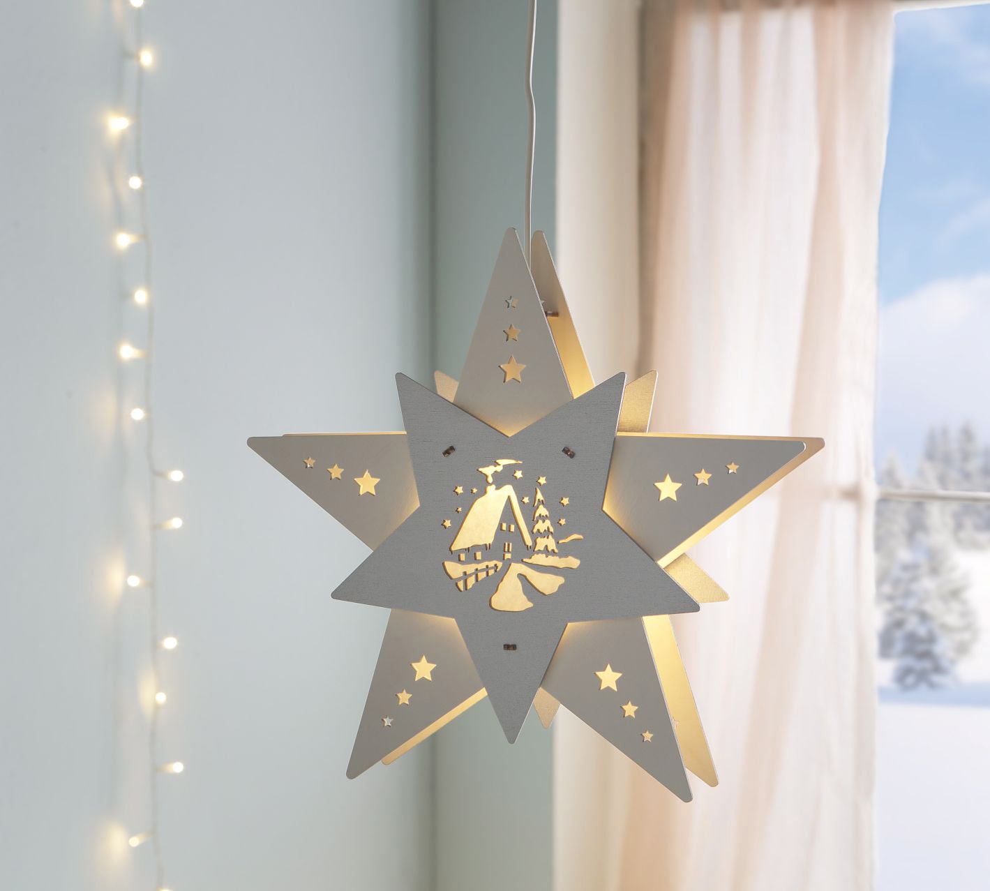 Weigla LED Stern »Waldhütte, Weihnachtsdeko«, 1 flammig-flammig, beleuchtetes Fensterbild