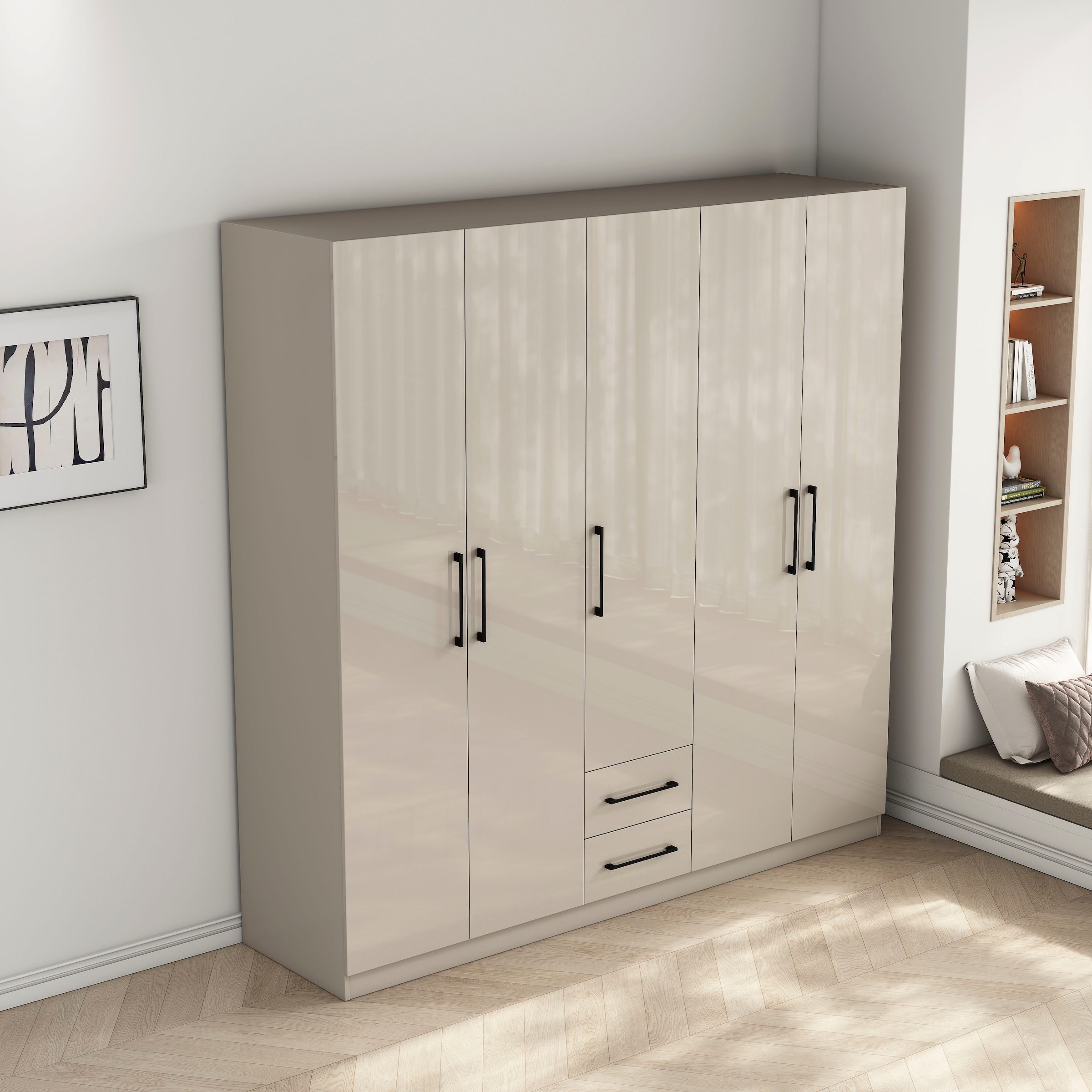 OTTO home Kleiderschrank »Sylt Schlafzimmerschrank Garderobe Schrank TOPSELLER in hochglanz weiß« 5 Türen, 2 Schubladen, schwarze moderne Griffe, 7 Einlegeböden,  Drehtürenschrank mit perfekter Innenausstattung, Breite 200cm