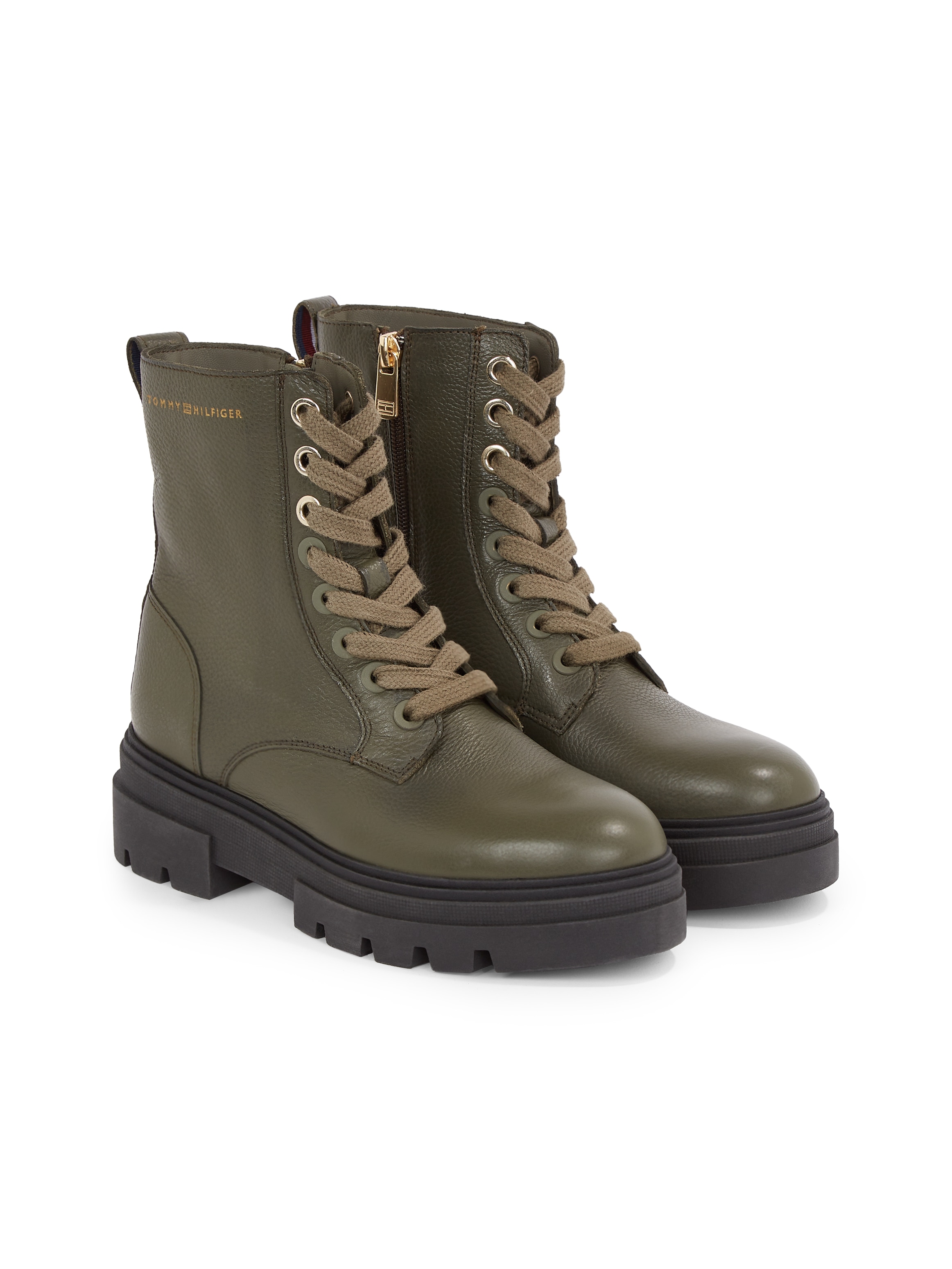 Tommy Hilfiger Schnürboots »BICOLOR LEATHER LACE-UP«, Plateau, Schnürstiefelette, Chunkyboots, goldfarbener Logoschriftzug