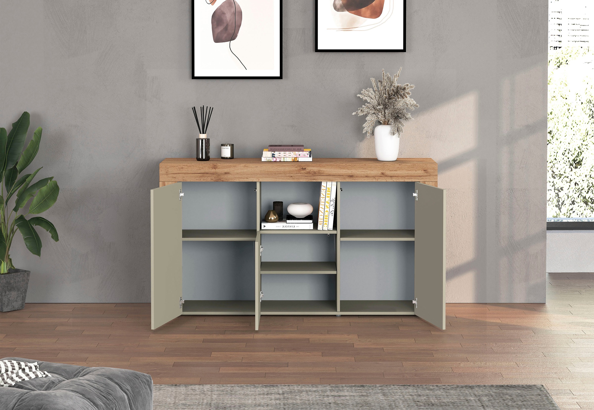 OTTO home Sideboard »CHRONOS Breite 155 cm mit 3 Türen, 1 offenes und 6 geschlossene Fächer« 1 Stk. tlg. Sideboard,Kommode, Schrank, Grifflos mit Push to Open, Made in Italy