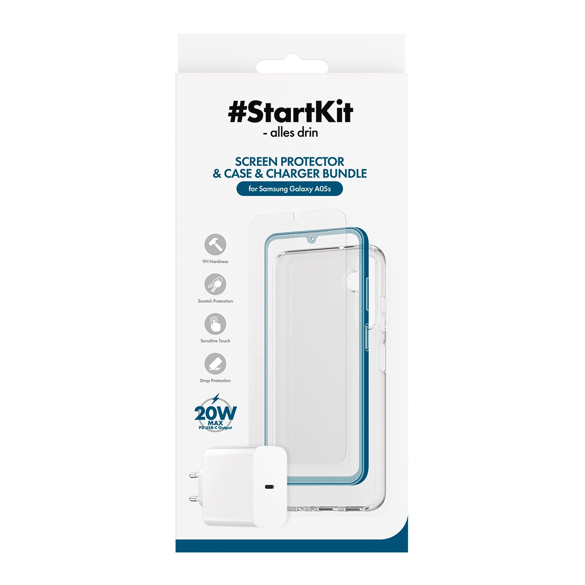 CARE by PanzerGlass USB-Ladegerät »StartKit - alles drin - Screen Protector, Case & Charger« Set, 20W Ladegerät, Displayschutzglas, TPU-Schutzhülle, 3 Stk. tlg. 3-in-1 Bundle für Samsung Galaxy A05s