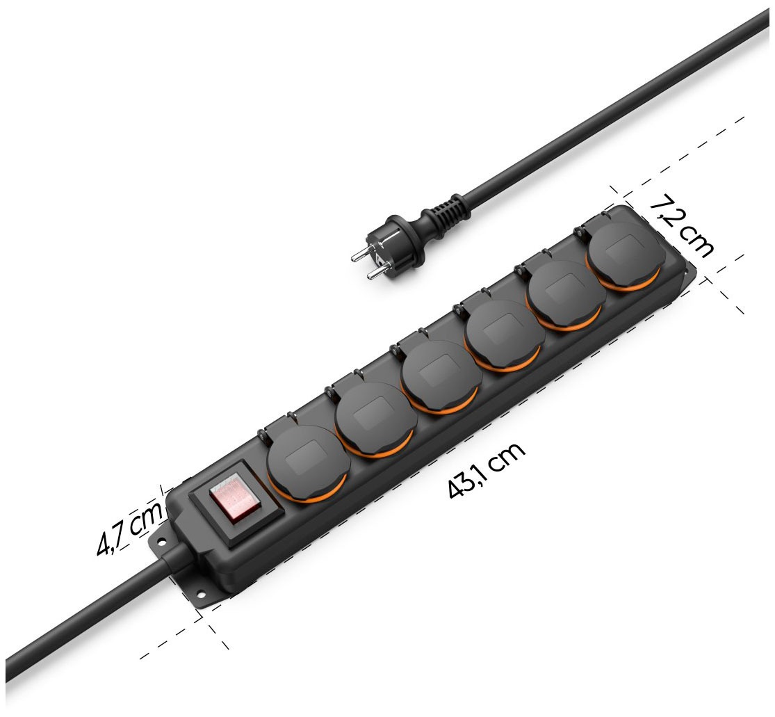 Hama Steckdosenleiste, 6-fach, (Ein- / Ausschalter-Schalterbeleuchtung-Klappendeckel Schutzkontaktkupplung-Schutzkontaktstecker Kabellänge 2 m), IP44