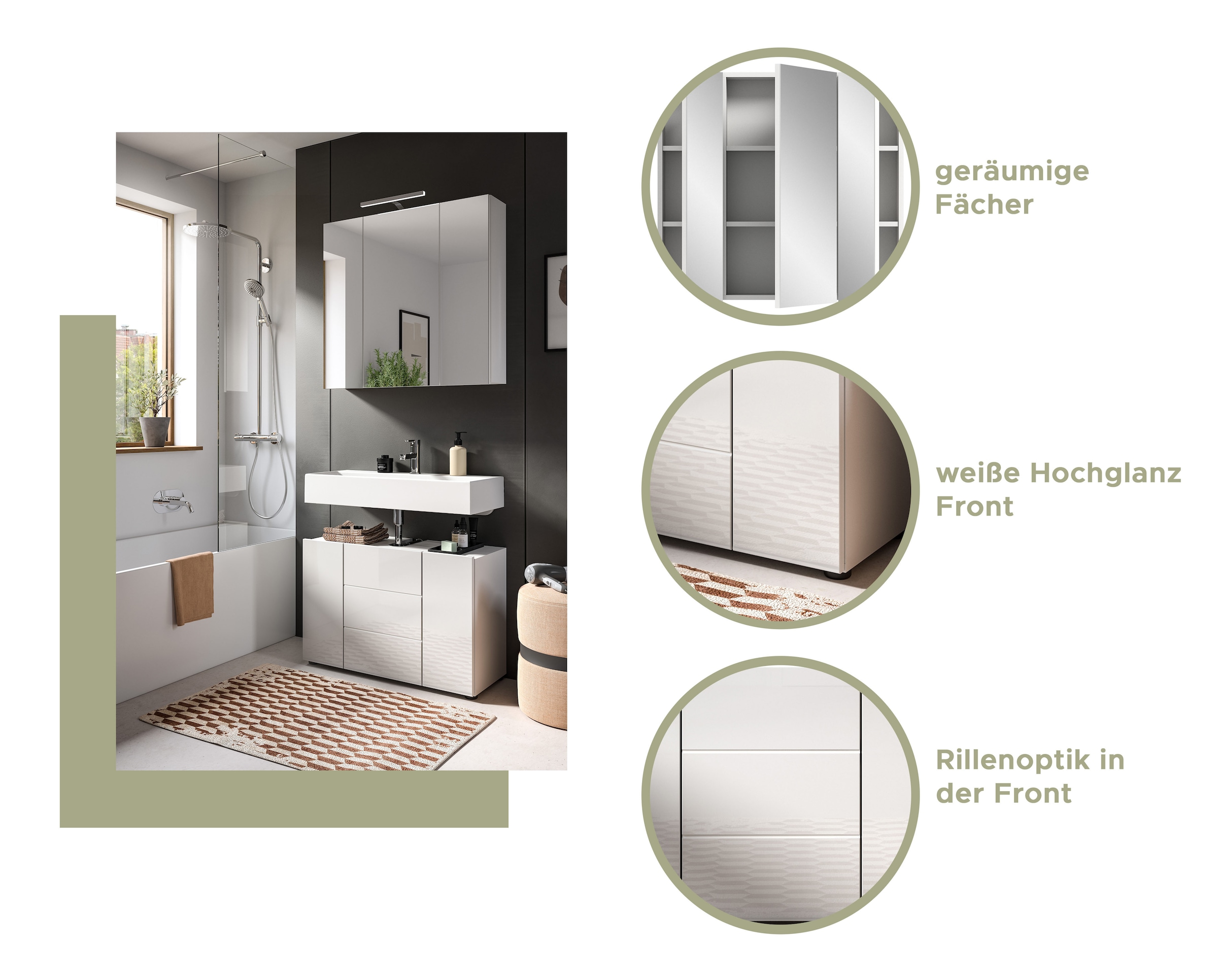 welltime Spiegelschrank »BIEL, TOPSELLER!, Breite 82 cm, 3 Türen, 6 Einlegeböden, 9 Fächer«, (1 St.), Badmöbel, Badschrank, Schrank, Wandschrank, Bad, Badezimmer