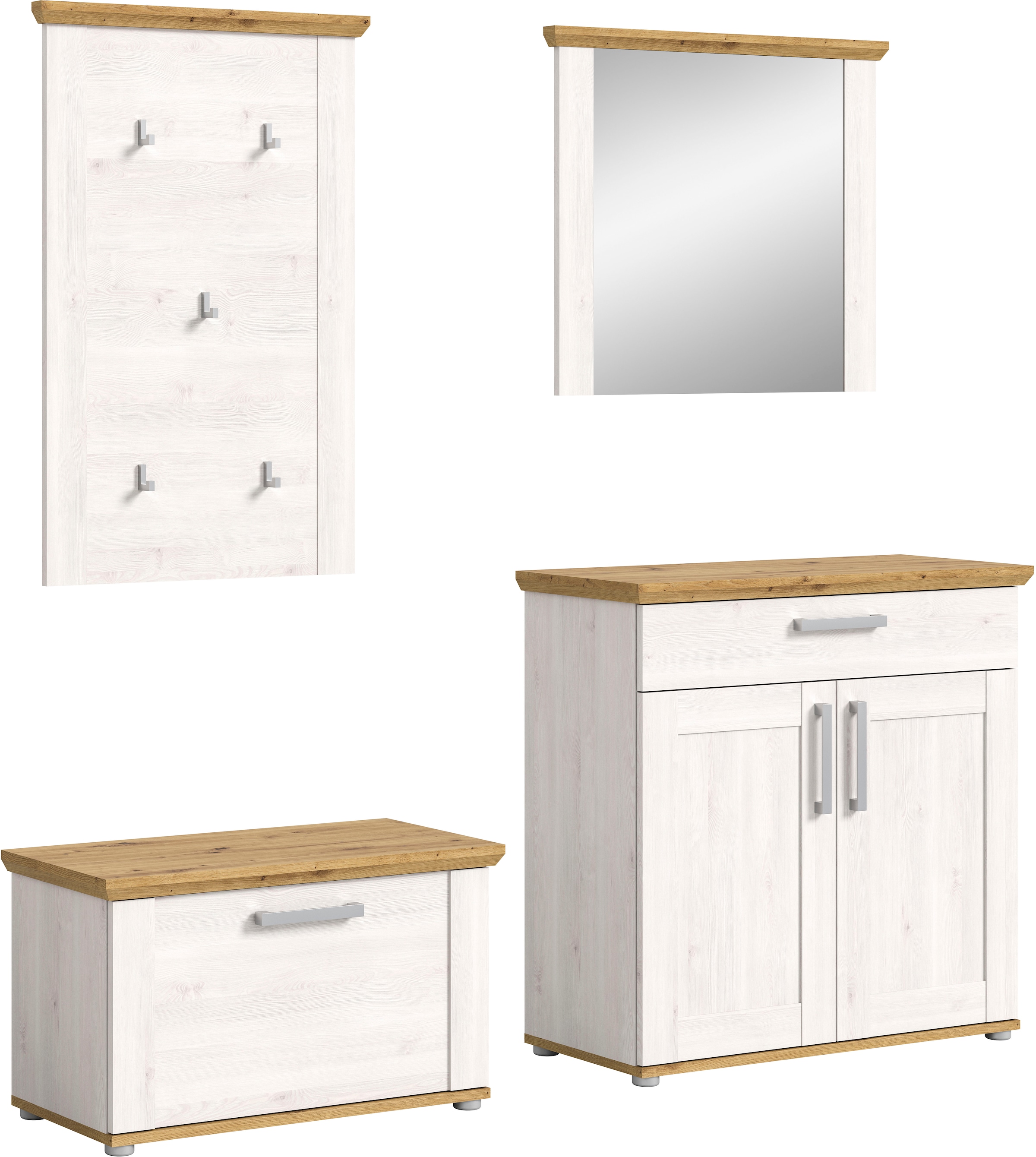 Home affaire Garderoben-Set »COSENZA, TOPSELLER!, Breite ca. 190 cm, 4-teilig, in Landhausoptik«, (4 St., bestehend aus: Sitzbank, Garderobenpaneel, Schuhschrank, Spiegel), Garderobenkombination, Kombination, Diele, Garderobe, Garderobenmöbel