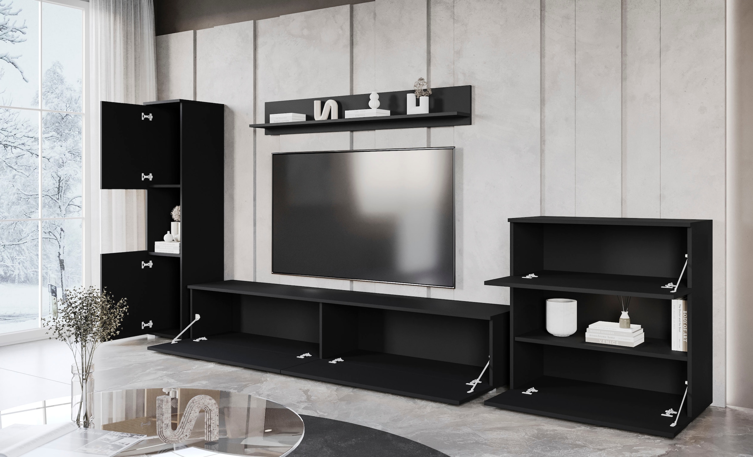 INOSIGN Wohnwand »PARIS, Vitrine Türanschlag links/rechts wechselbar«, (Komplett-Set, 4 St.), grifflose Design, stehend und hängend montierbar