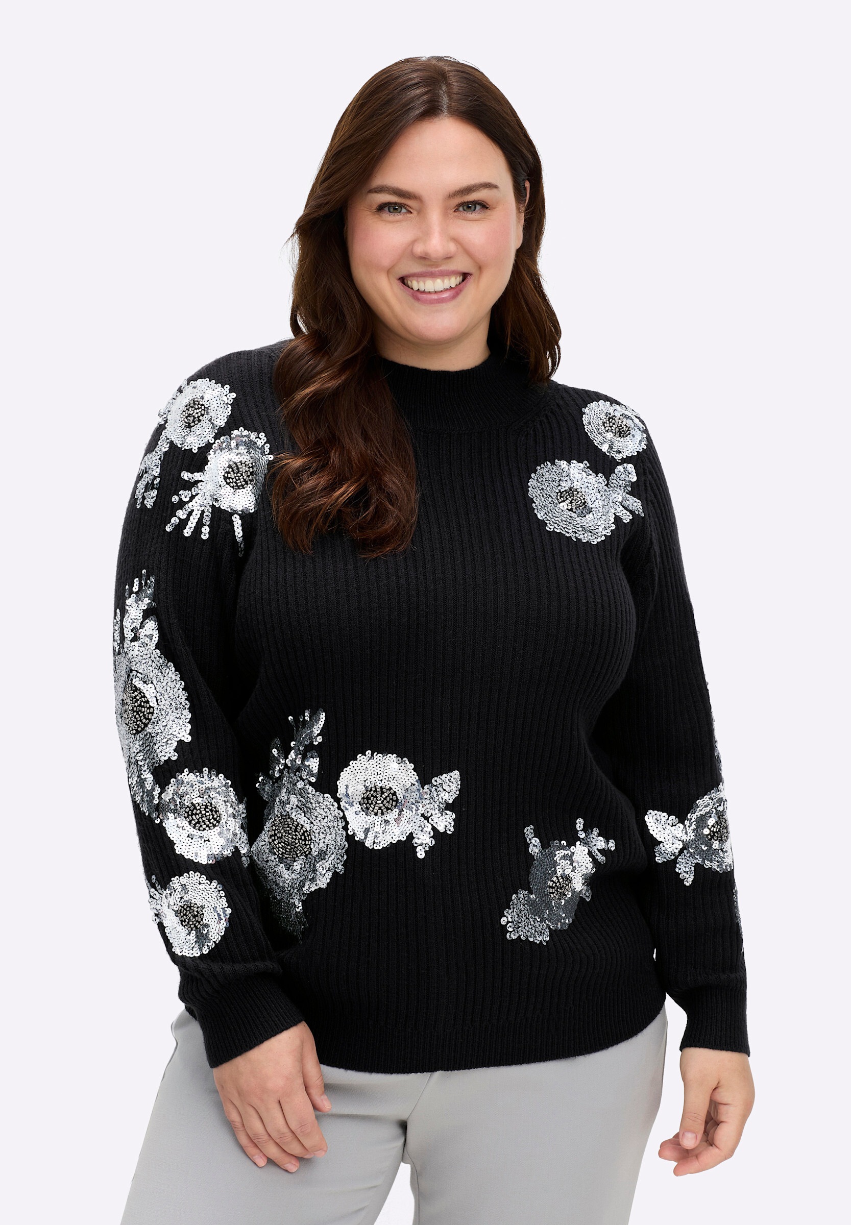 sheego by Joe Browns Strickpullover »Pullover Pullover mit Stehkragen und Paillettenstickerei«