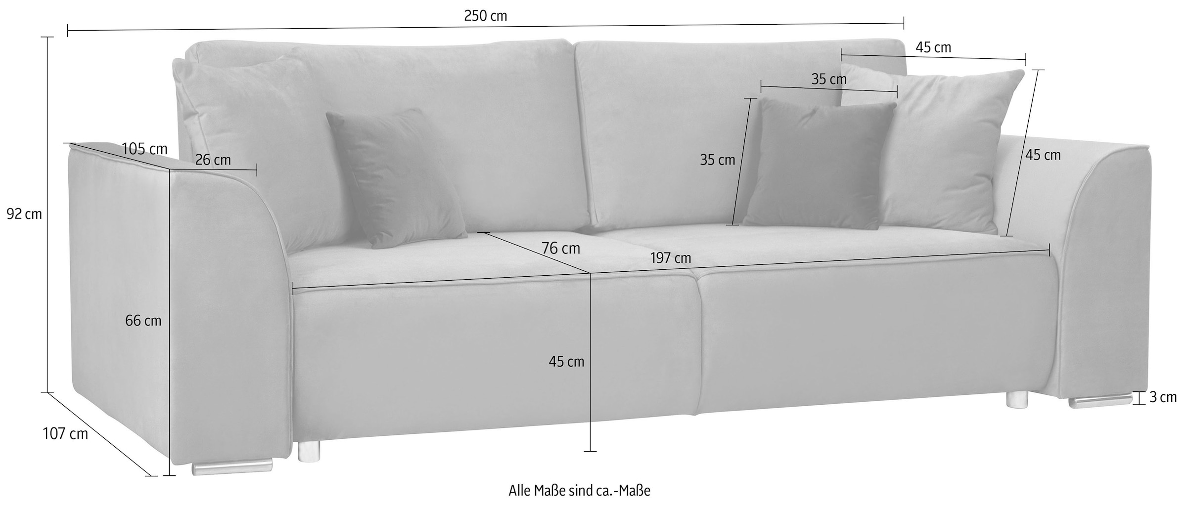 INOSIGN 3-Sitzer Beatrice Schlafsofa, wahlweise auch mit Bettfunktion und Bettkasten, incl. 2 Zierkissen