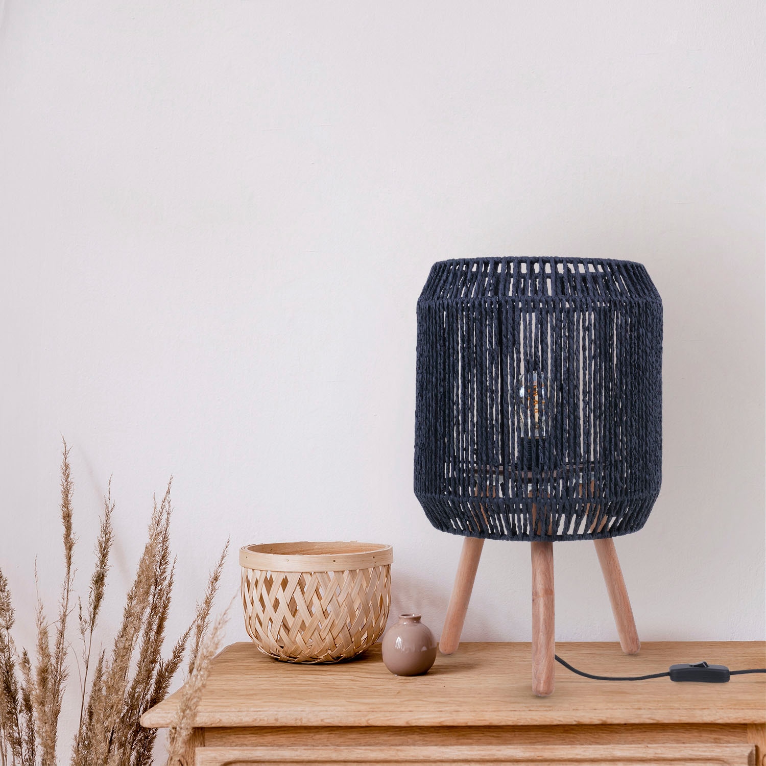 Paco Home Tischleuchte »SOL«, Leuchtmittel E27 | ohne Leuchtmittel, Boho Deko Lampenschirm Korb Holz E27