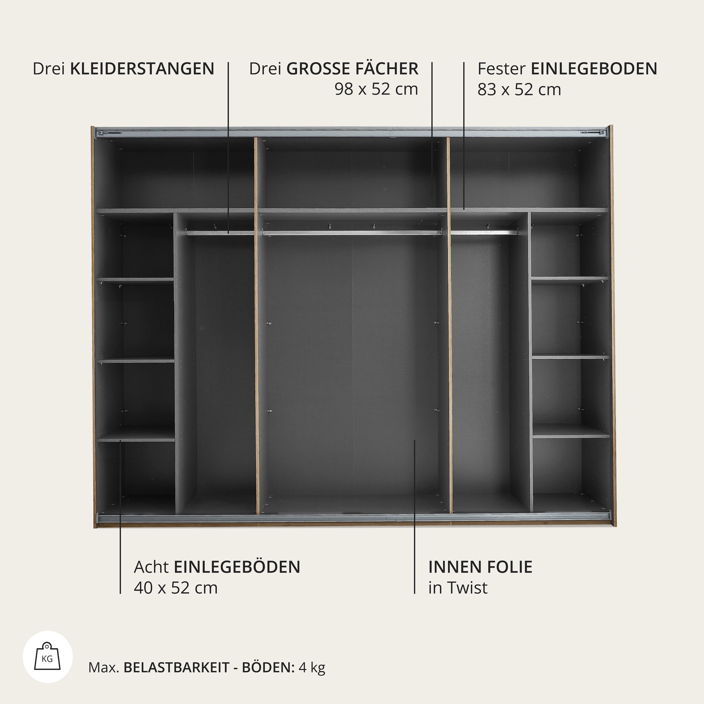 Schlafkontor Schwebetürenschrank »Mesio, 2-türiger Kleiderschrank, Schiebetürenschrank mit viel Stauraum« inklusive Hoteleinteilungen außen und Einlegeböden oben
