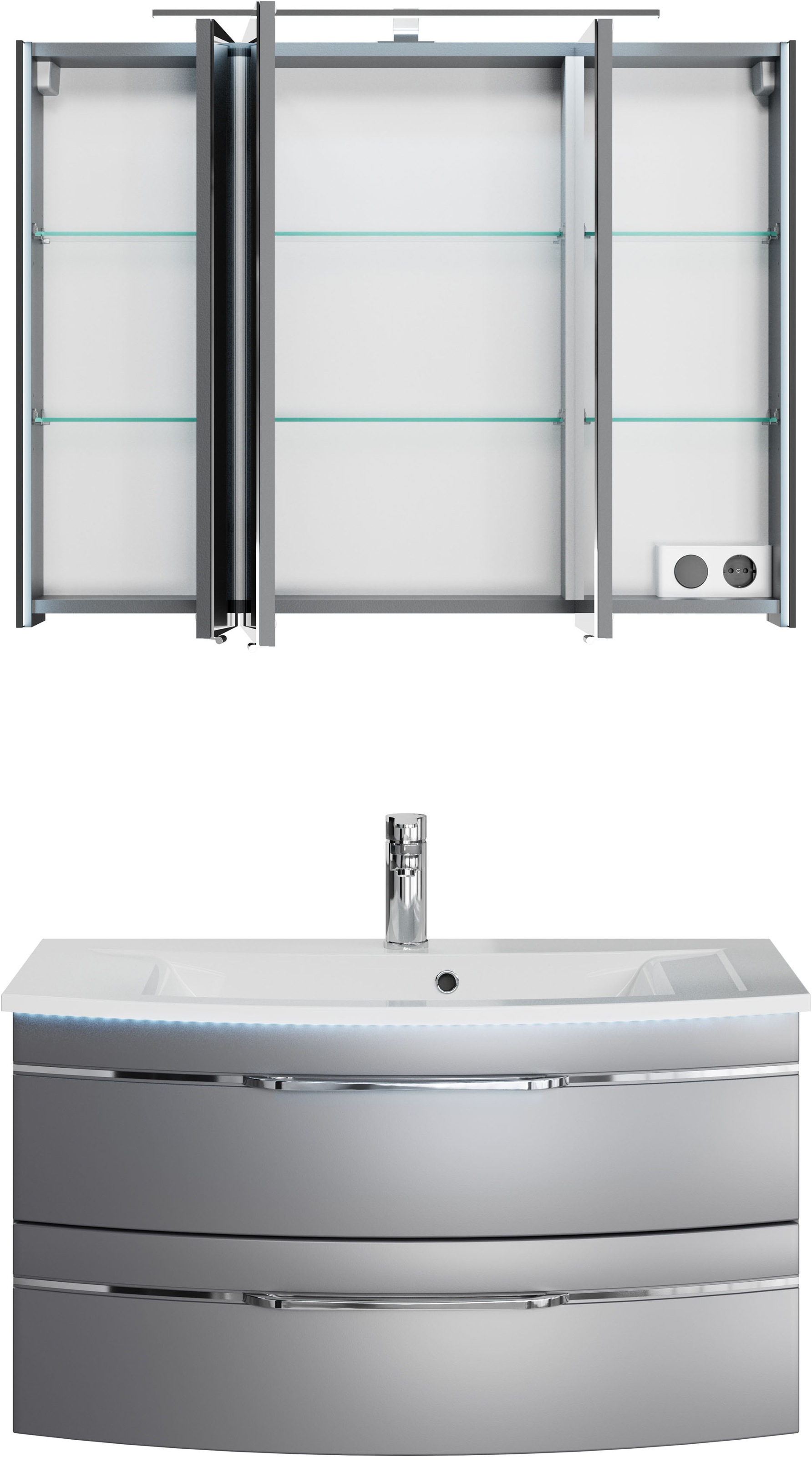 Saphir Badmöbel-Set »Serie 7045 2-teilig Mineralmarmor-Waschtisch mit LED-Spiegelschrank«, (Set, 2 St.), Badezimmer-Set 93,2 cm breit, inkl. Türdämpfer, 3 Türen, 2 Schubladen