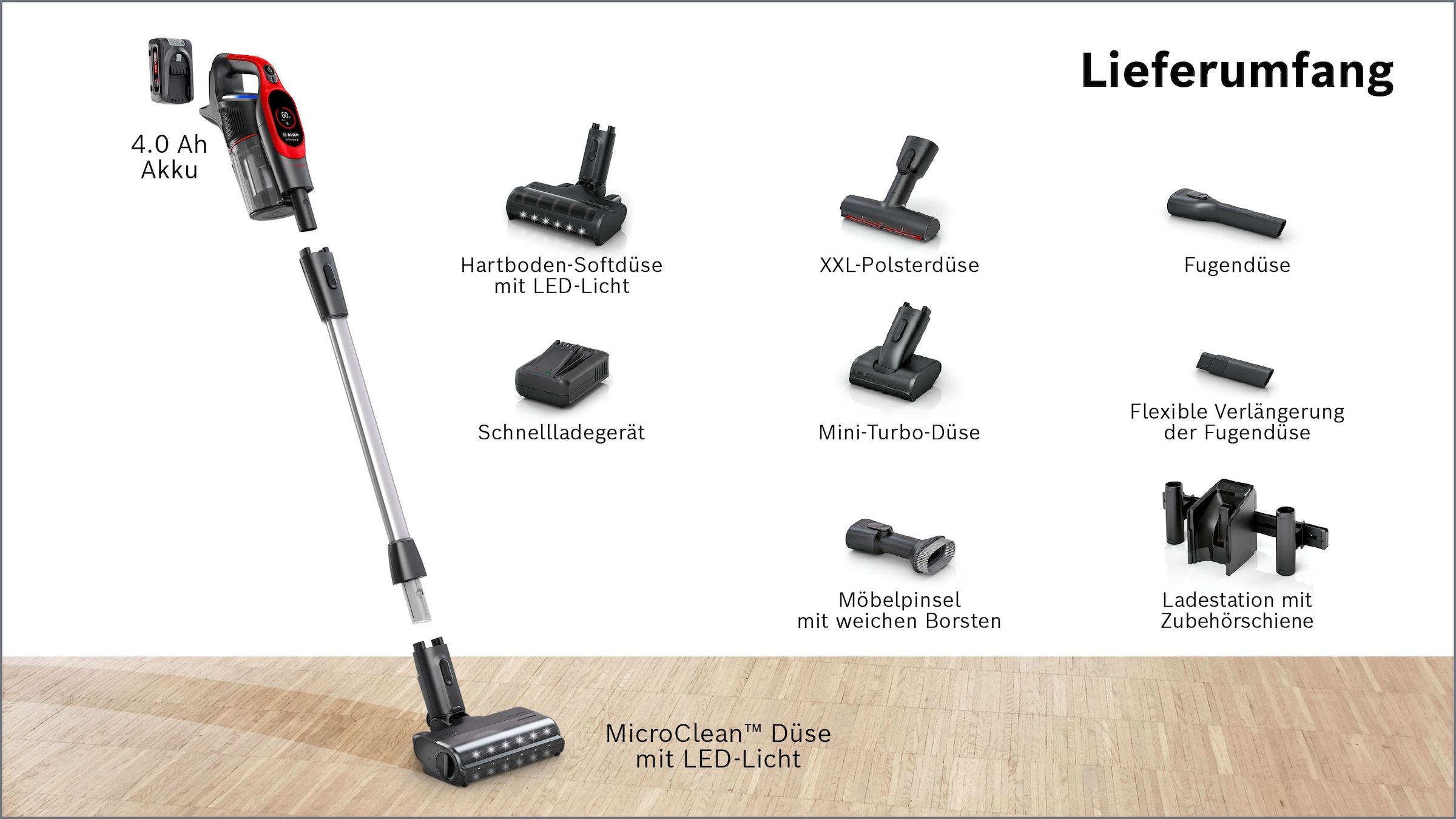 BOSCH Akku-Stielstaubsauger »Unlimited 9 ProAnimal BKS941PET, MicroClean™ Technology« HEPA-Filtersystem, 10 Jahre Motorgarantie, Schnellladegerät, LED Licht