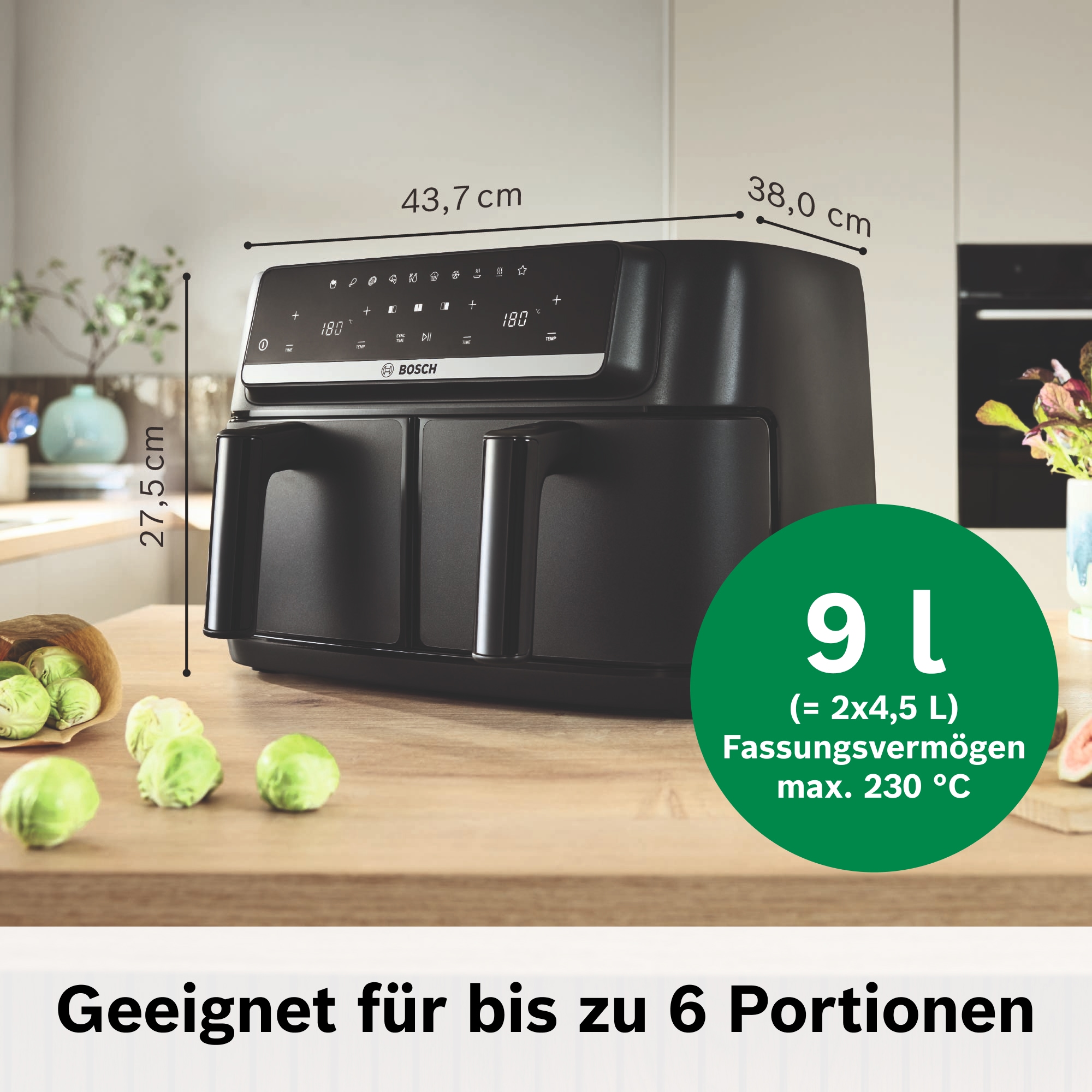 BOSCH Heißluftfritteuse »Airfryer MAFD440B0, 2* 4,5L Kammer, spülmaschinengeeignet, schwarz« 2500 W PFAs frei, einfache Reinigung, 6 voreingestellte Programme