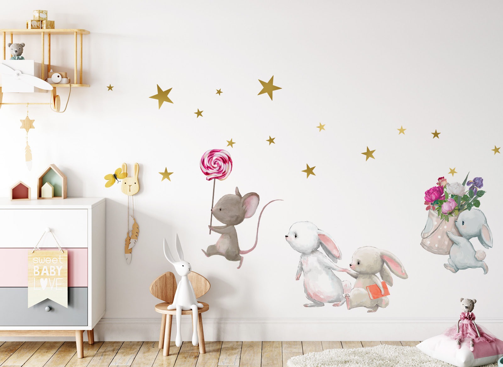 little DECO Wandtattoo »Little Deco Wandtattoo Hasenfamilie und Maus mit Lolli«