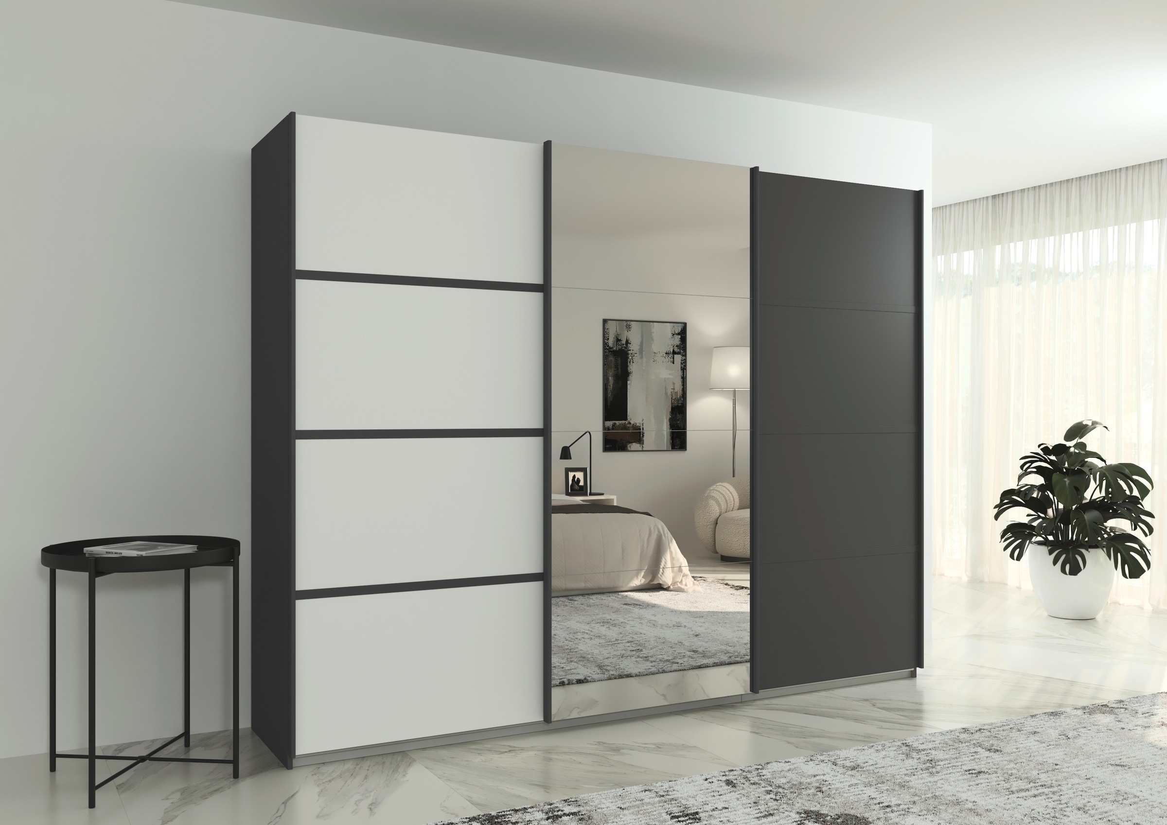 rauch Kleiderschrank »Schwebetürenschrank Garderobe Schrank TOP ANGEBOT Avola«, (in 3 verschiedenen Ausstattungen BASIC/CLASSIC/PREMIUM inkl. Spiegel), mit eleganten Zierleisten in Chrom, Schwarz oder Weiß MADE IN GERMANY
