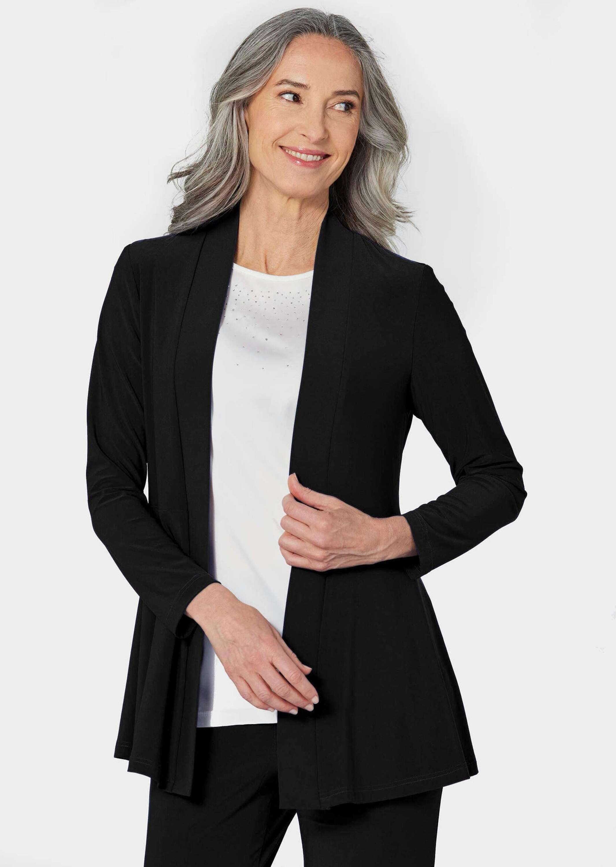GOLDNER Sweatjacke »Kurzgröße Leichte Shirtjacke lila mit Stretch«