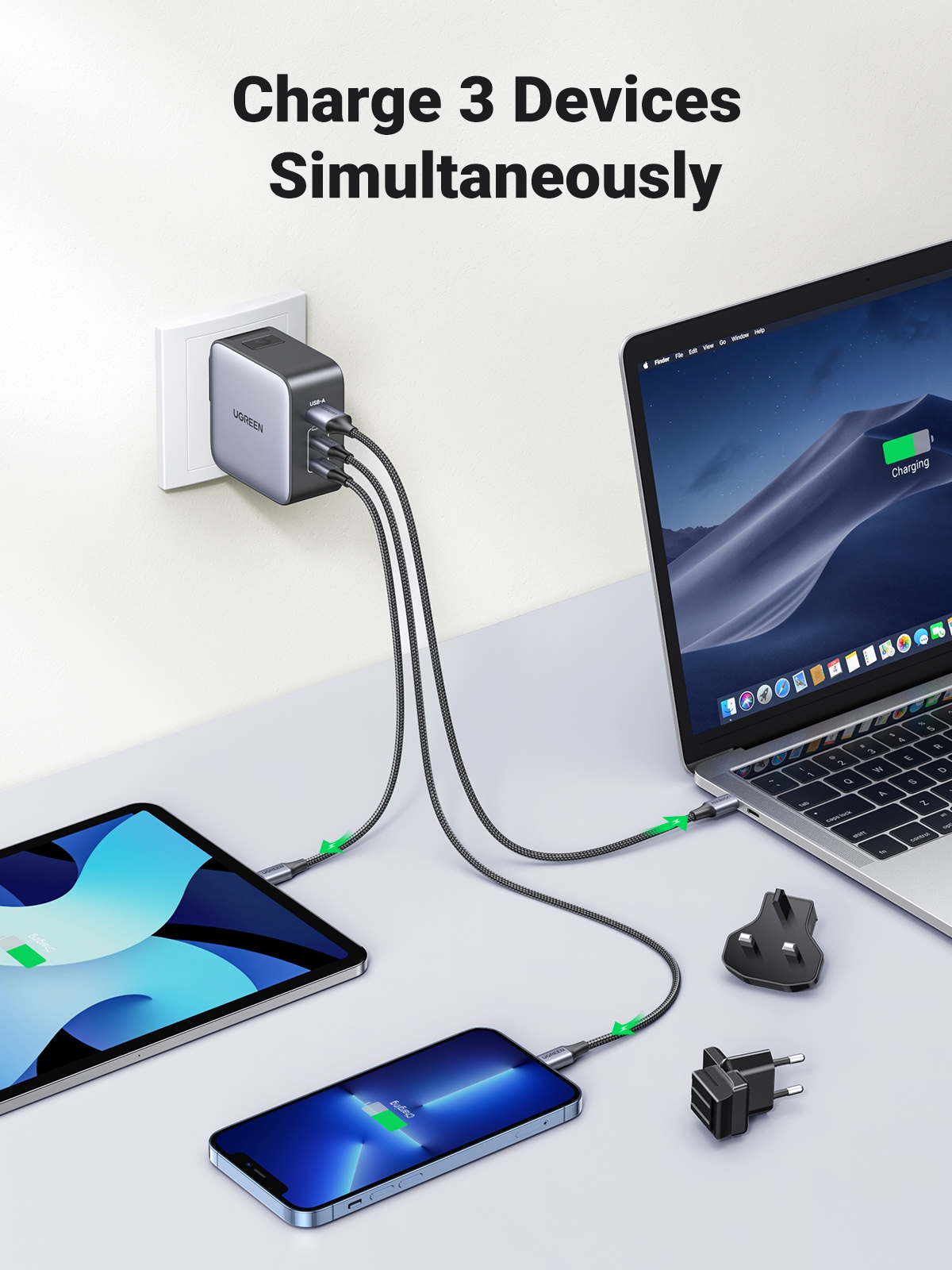 UGREEN Schnelllade-Gerät »USB-A+2*USB-C 65W GaN Worldwide Travel Fast Charger CD296«