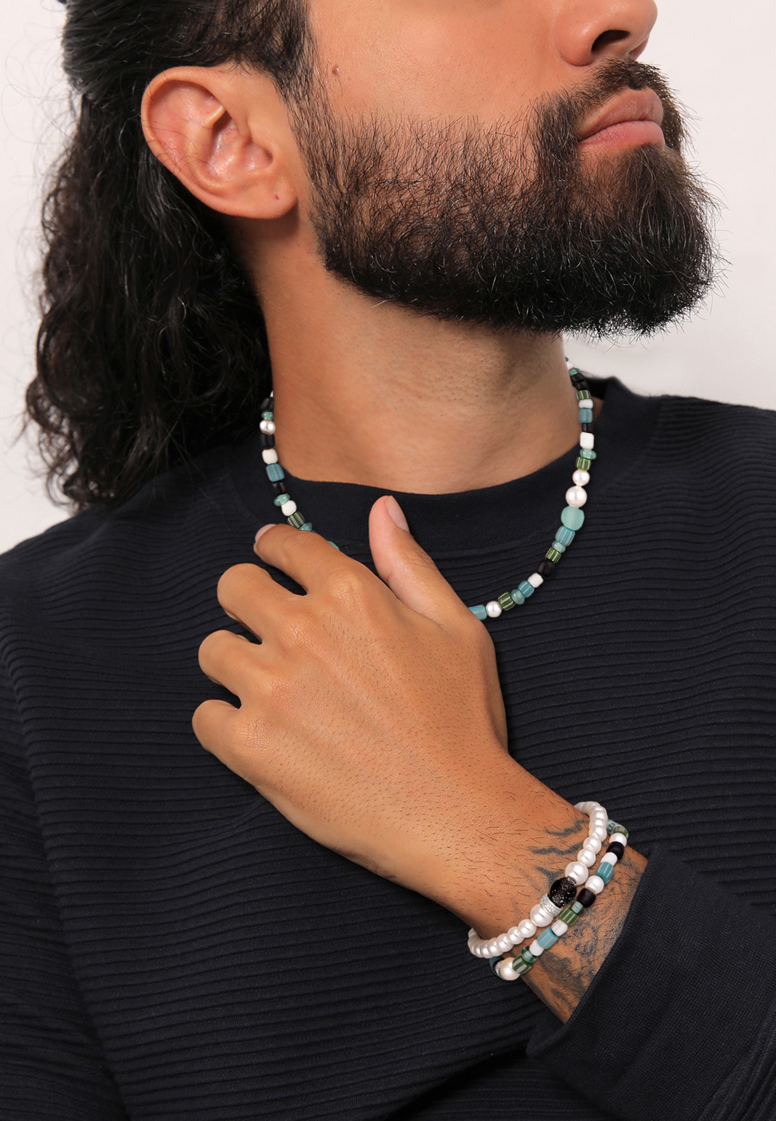 Kuzzoi Ketten und Armband Set »Schmuckset Herren Glas Perlen Set Halskette Armband 925 Silber«
