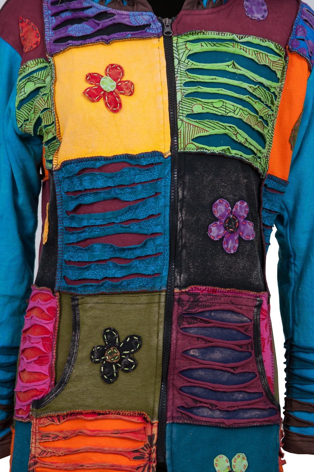 DEPROC Active Strickmantel »Patchwork Mantel FLOWER POWER BLACK mit Kapuze«